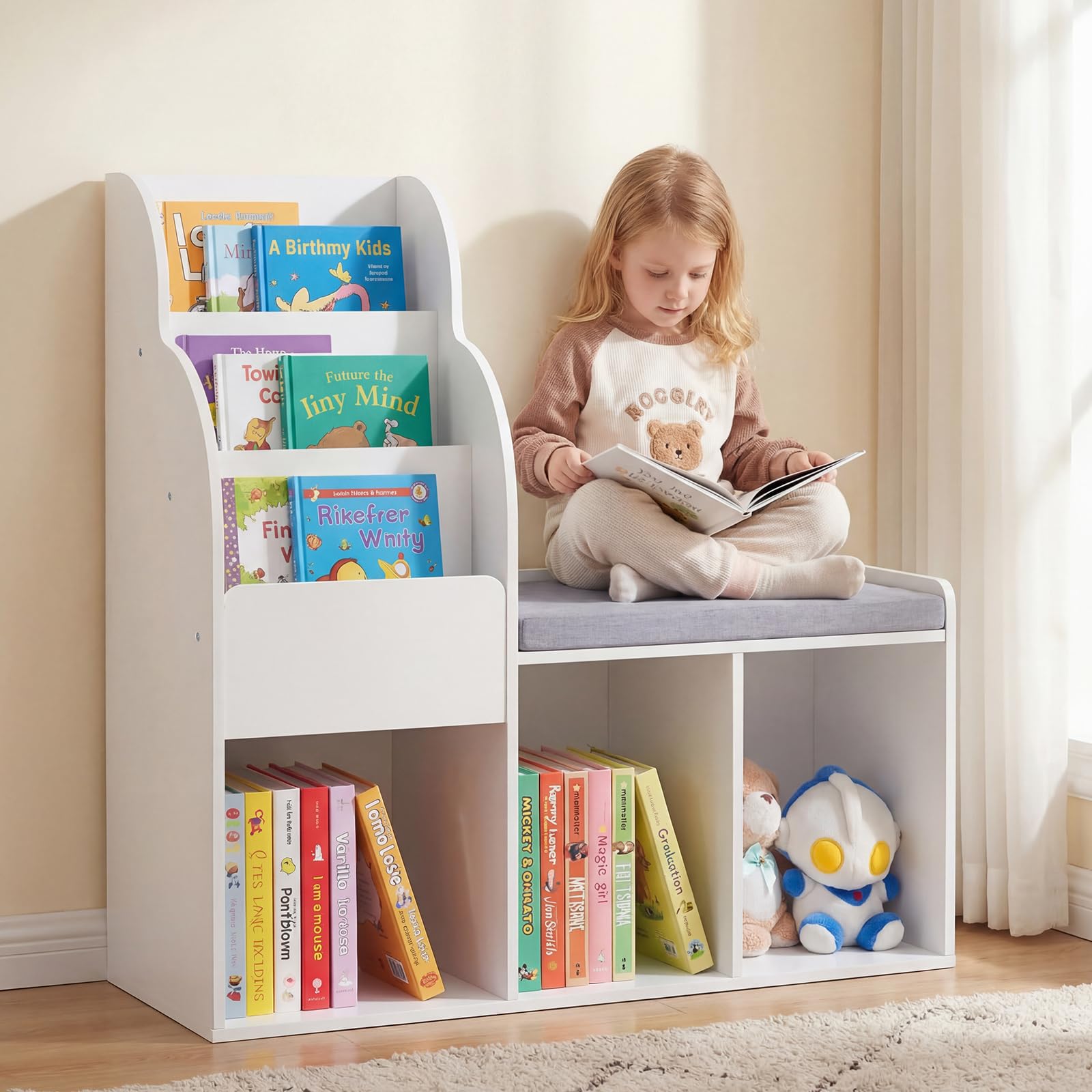 COSTWAY Estantería Infantil con Banco, Librería Infantil con Estantes de 3 Niveles, 3 Compartimentos Abiertos y Cojín de Asiento, Estantería para Niños para Dormitorio, Sala de Juegos
