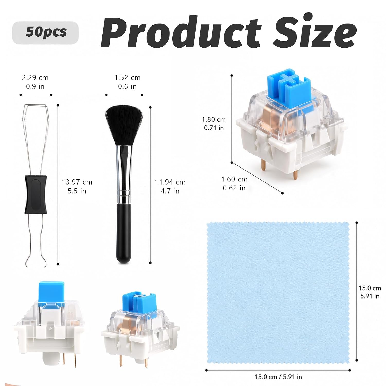 50 Pcs Mechanical Keyboard Switches 3 Pin Blue Keyboard Clicker Replacement Clicky Switches Dustproof Clicker Pre-Lubricated Keyboards Accessories, Includes Keycap Puller Cleaning Brush & Cloth (Blue)