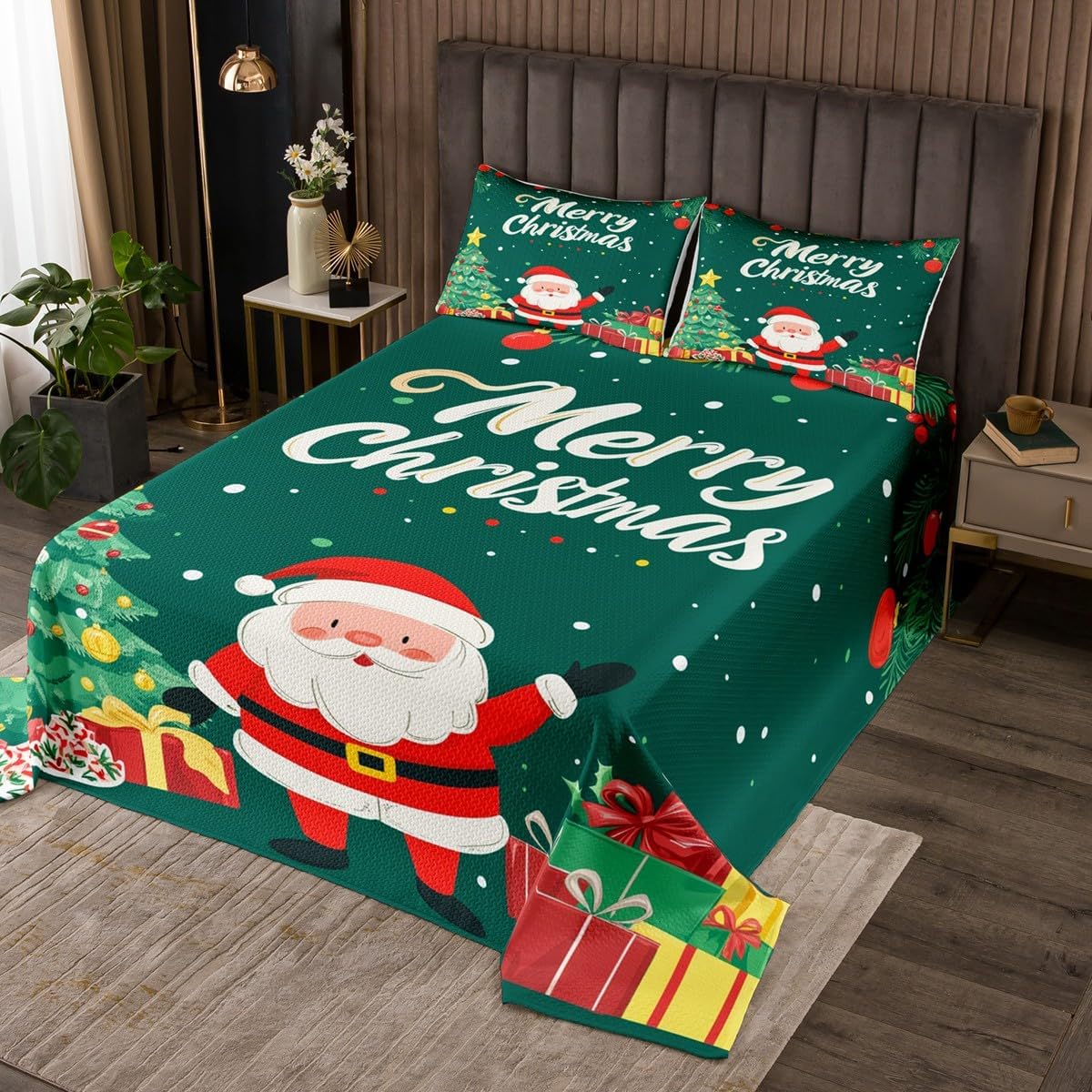 jejeloiu Santa Claus Bedspread Quilts Merry Christmas Coverlet Set Queen Size for Kids Boys Girls Quilted Coverlet for All Season with 2 Pillowcases Christmas Tree Microfiber