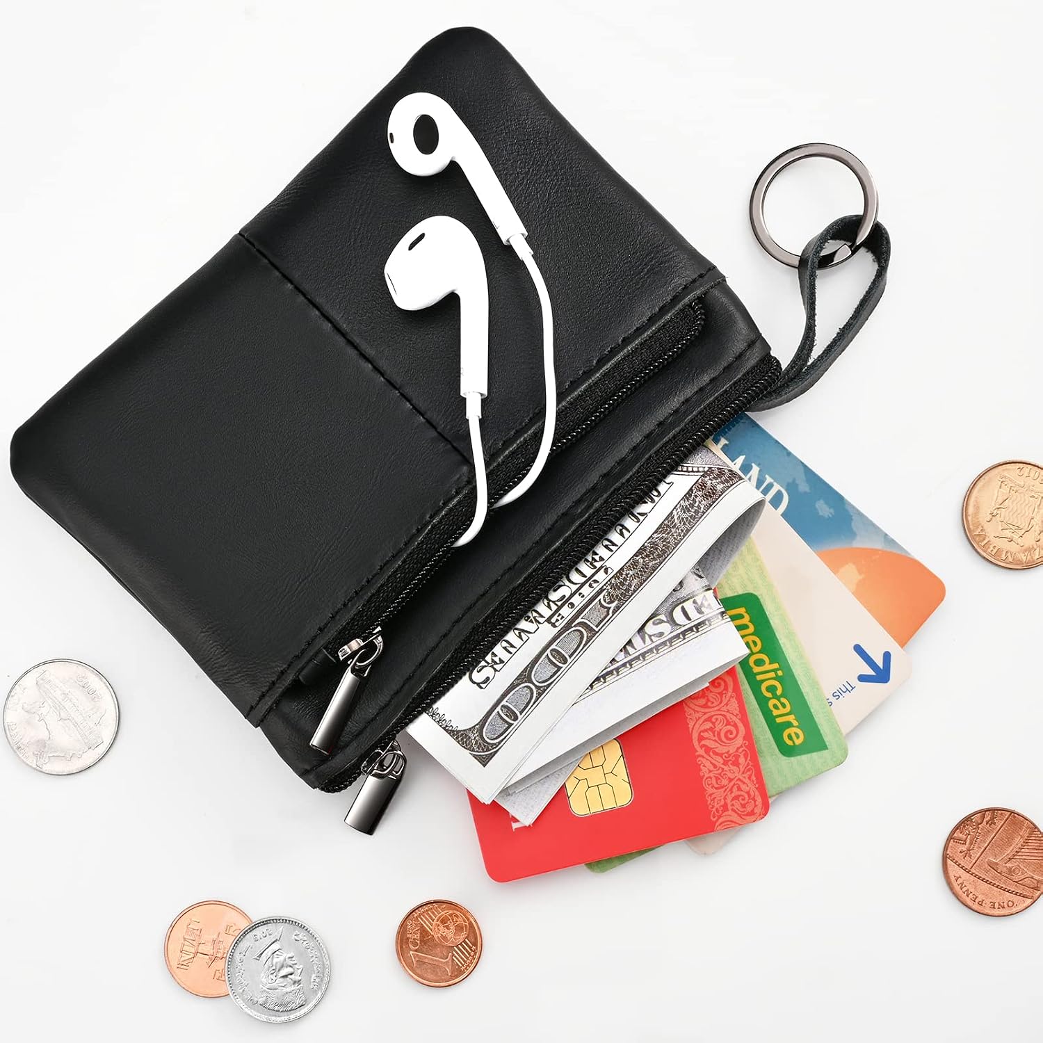 Black Genuine Leather Multi-Functional Wallet - Compact Card Holder, Coin Purse & Key Organizer with 3 Zippers, Built-in Key Ring, Perfect for Travel, Work & Daily Use