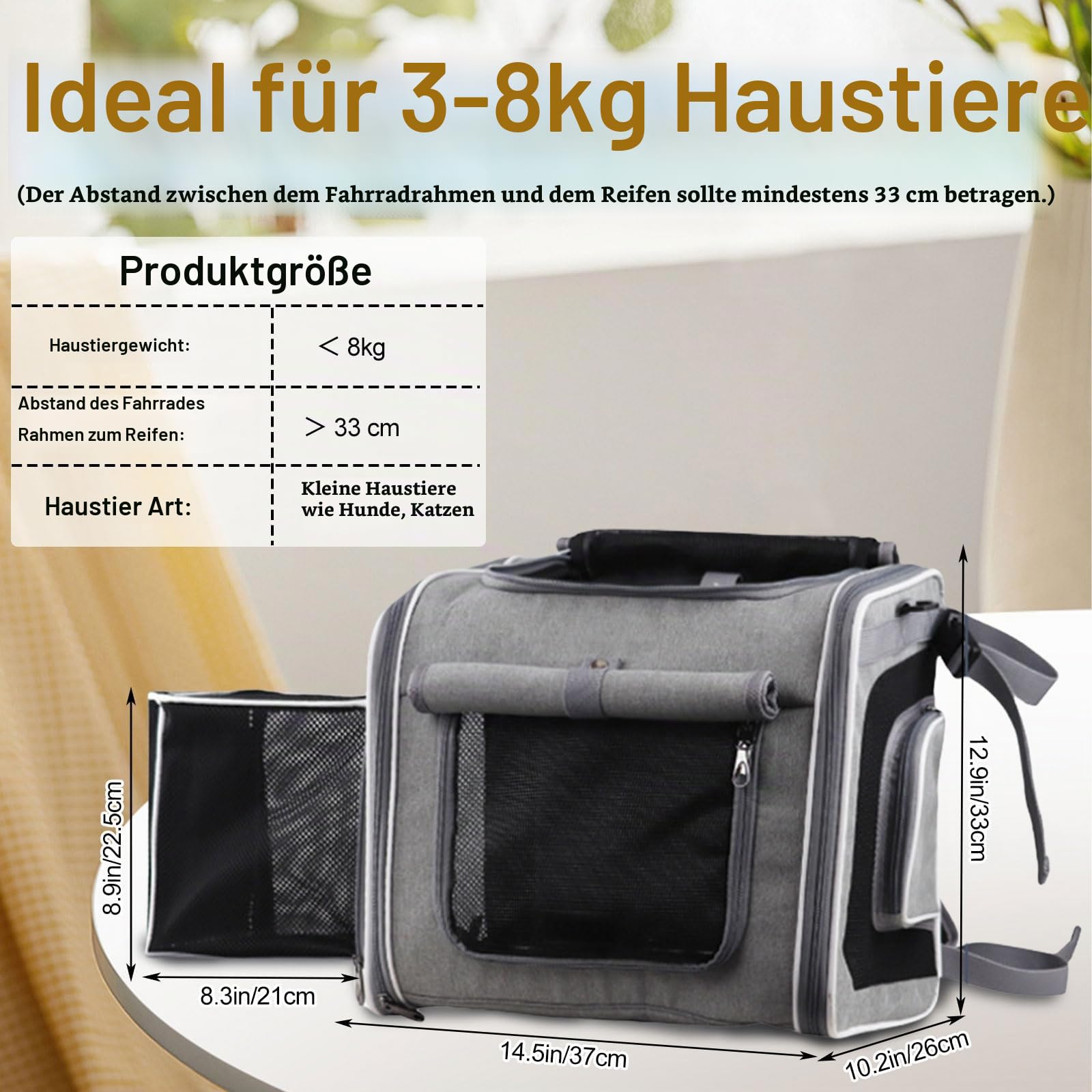 Hundekorb Fahrrad Vorne, Erweiterbarer Weicher Hunderrucksack bis 8KG