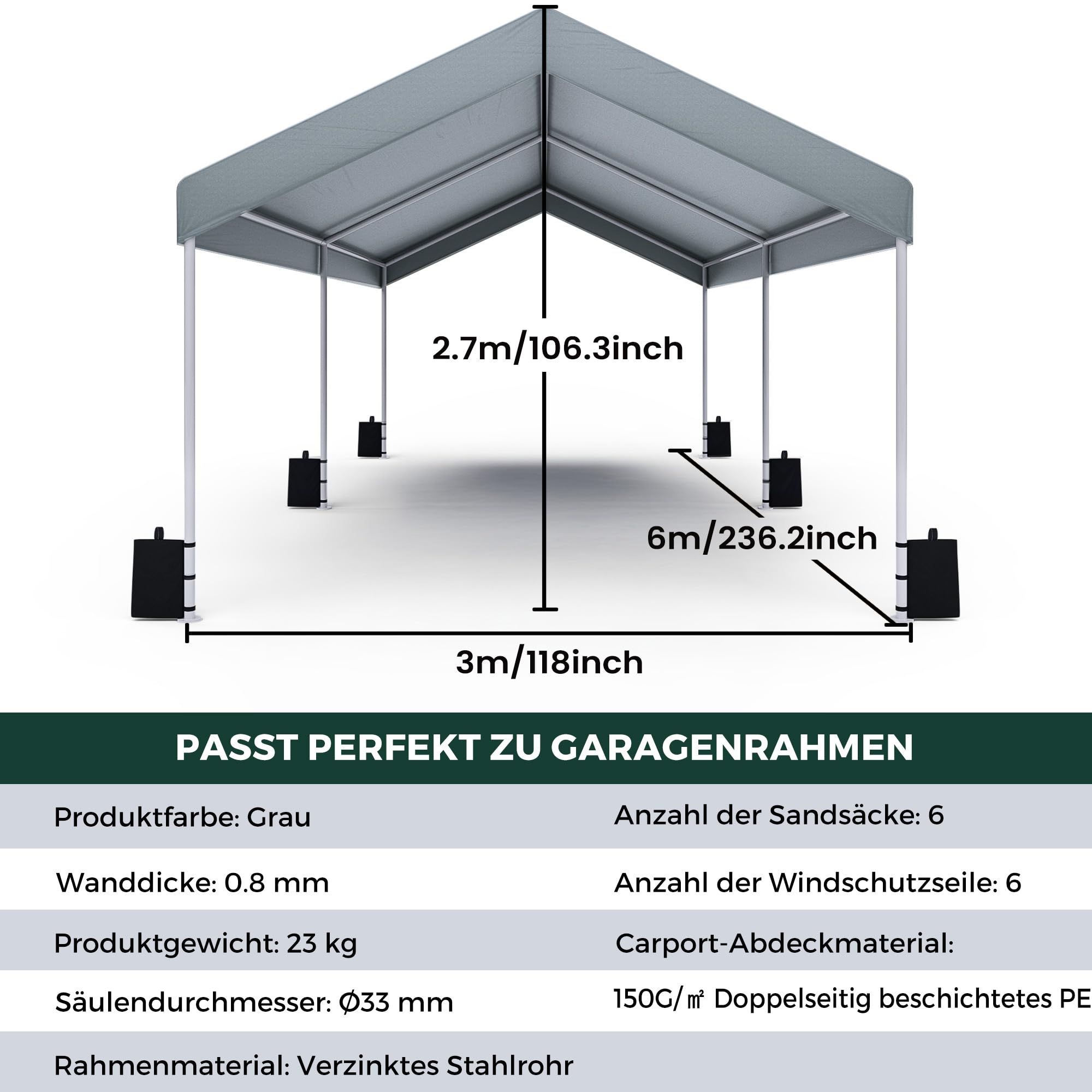 Carport 3x6 m Zeltgarage Carport mit Dach, UV-beständig wasserdicht Garagenzelt Unterstand Lagerzelt Weidezelt Garagenüberdachung für Auto, SUV, LKW, Boot, Auto Garage Zelt für Garten Party