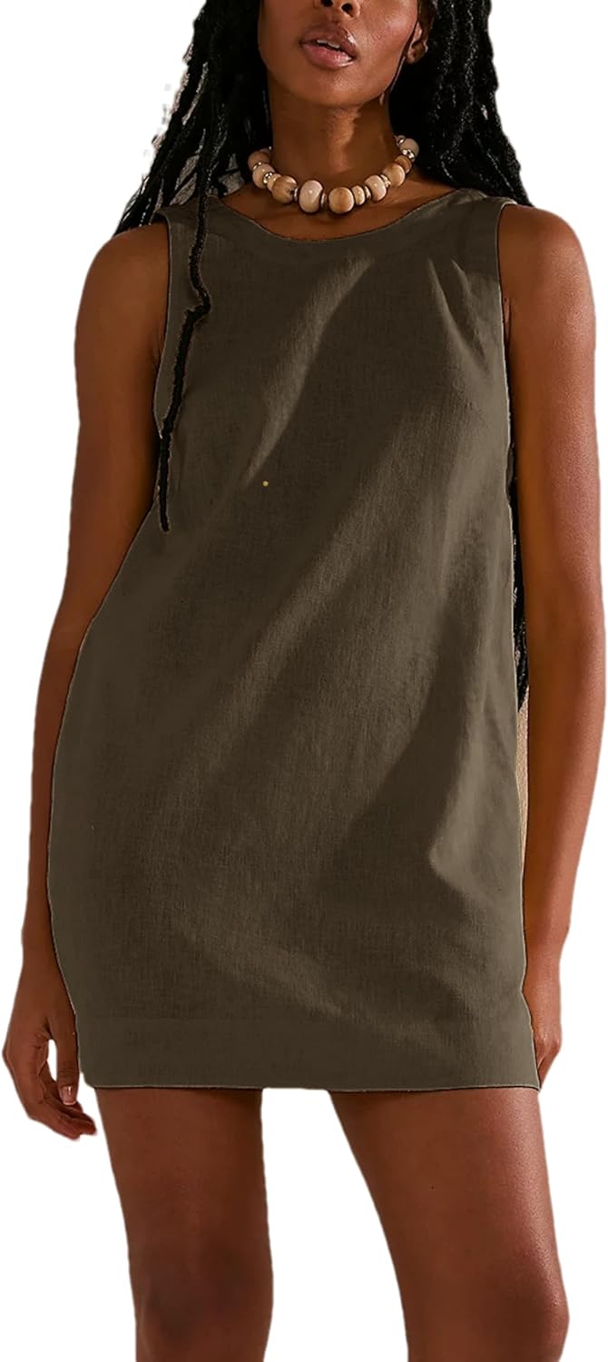 Womens Summer Open Back Sunshine Dresses 2024 Casual Beach Cotton Linen Mini Dress