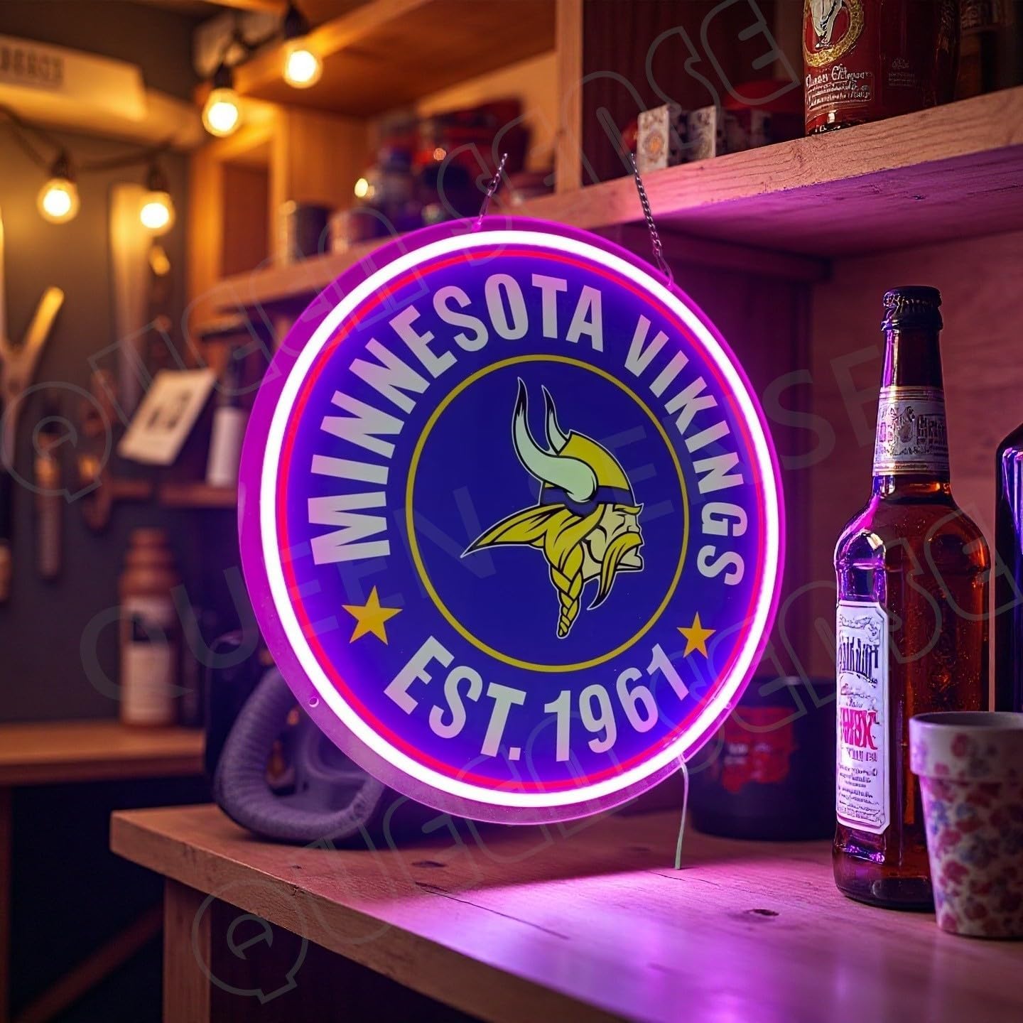Queen Sense 16"x16" for Minnesota Sports Viking est 1961 LED Neon Sign for Wall Decor USB Powered Dimmable Neon Light BH1374