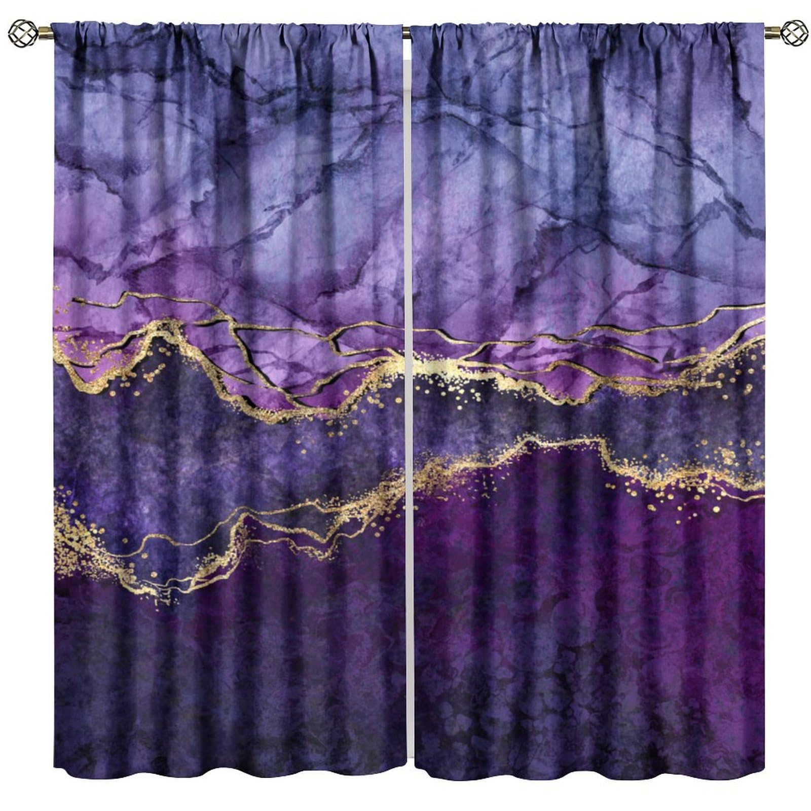 PHTAYOT Purple Gold Marble Curtains, Abstract Marbling Violet Blue Purple Golden Veins Print for Room Window Decor, Rod Pocket Drapes for Living Room