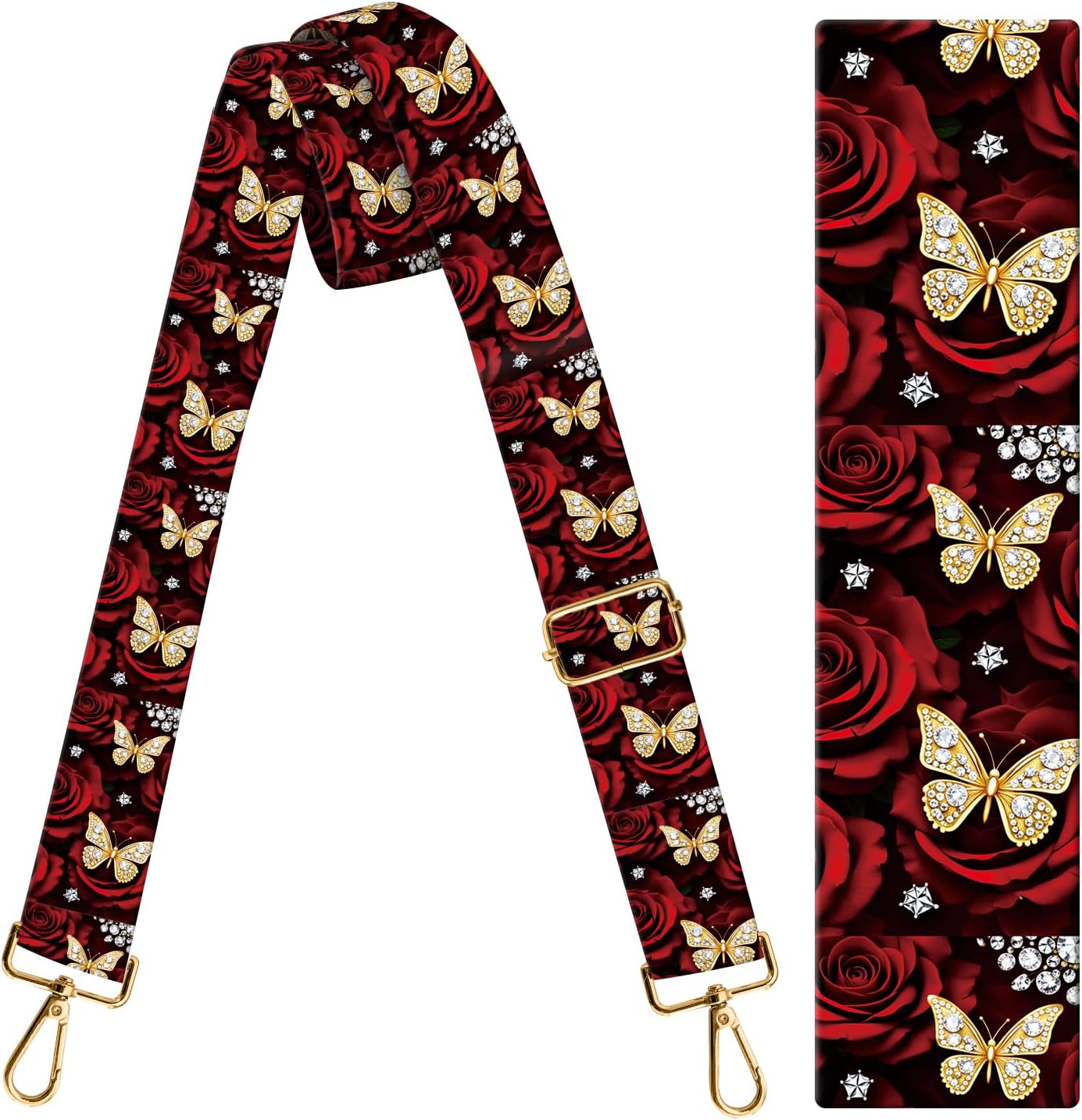Purse Strap Replacement Crossbody, 1.5" Wide Gold Buckle Shoulder Strap, Adjustable Cute Straps Handbag Strap Replacement Belts Luxury Red Roses Butterfly