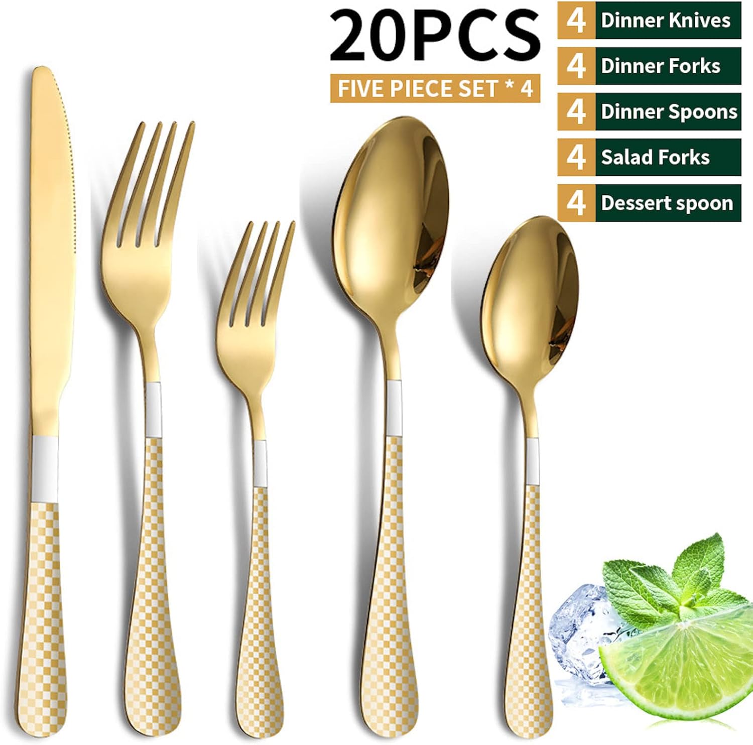 Vilihkc Plaid Print 20 Piece Stainless Steel Silverware Flatware Set for 4 with Knife, Fork, Spoon, Dishwasher Safe