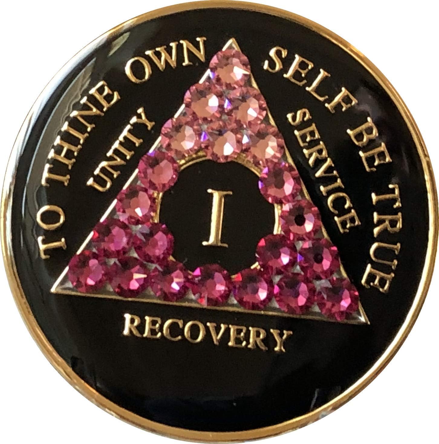 1 Year AA Medallion Black Tri-Plate Pink Transition Color Crystal Chip