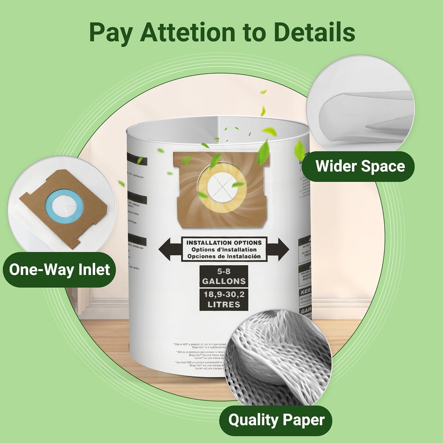 5-8 Gallon Vacuum Bags Replacement for Shop Vac Bags,Type E 90661 9066100 9066133, Type H 90671 9067100 9067133,VHBS,VDBS, PETOX High-Efficiency Disposable Vaccum Collection Filter Bags 3 Pack