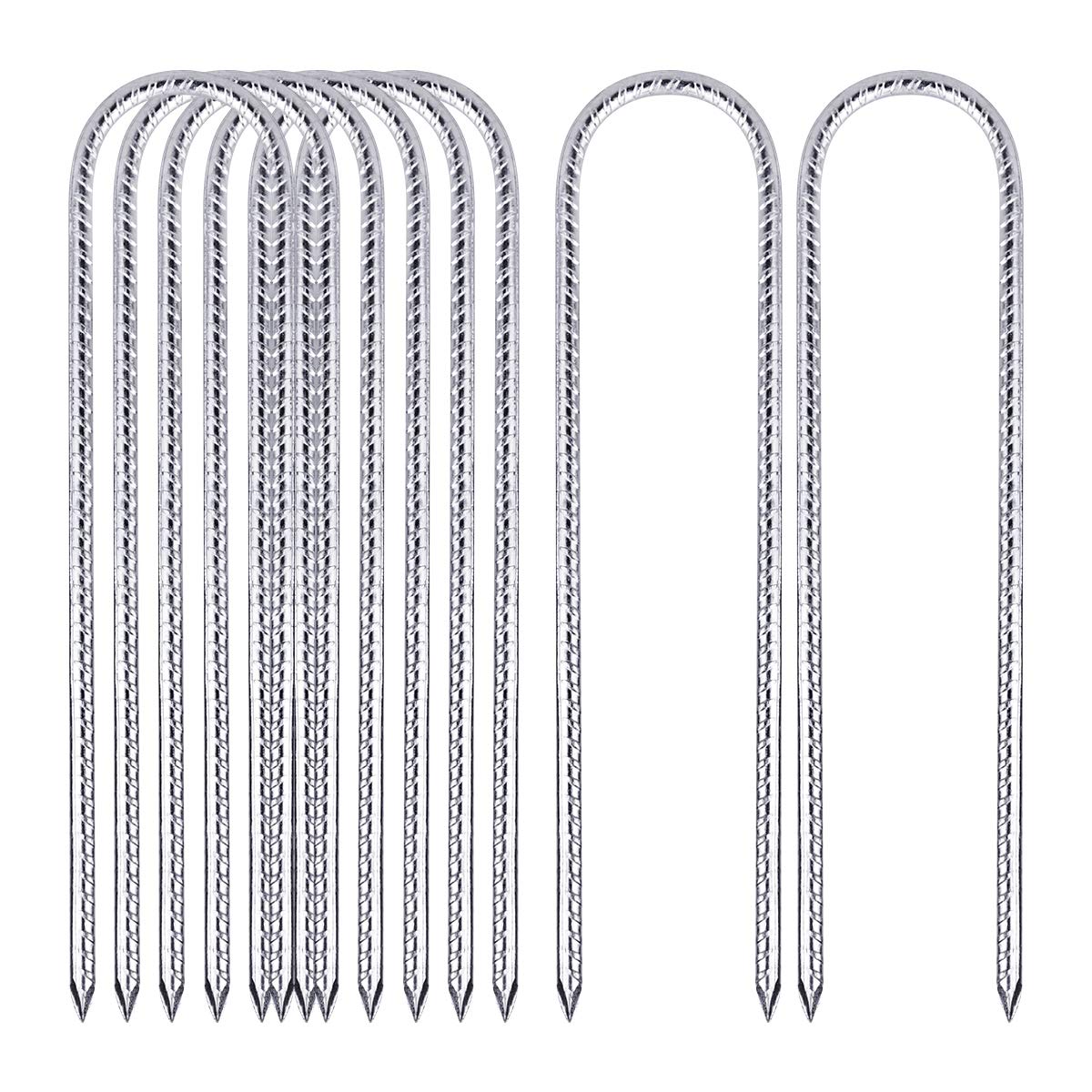 12'' Metal Stakes for Trampoline, 8 Pack Landscape Staples, Heavy Duty UHook Fence Stakes, Galvanized Reber Stakes for Ground, Trampoline Stakes and Anchors
