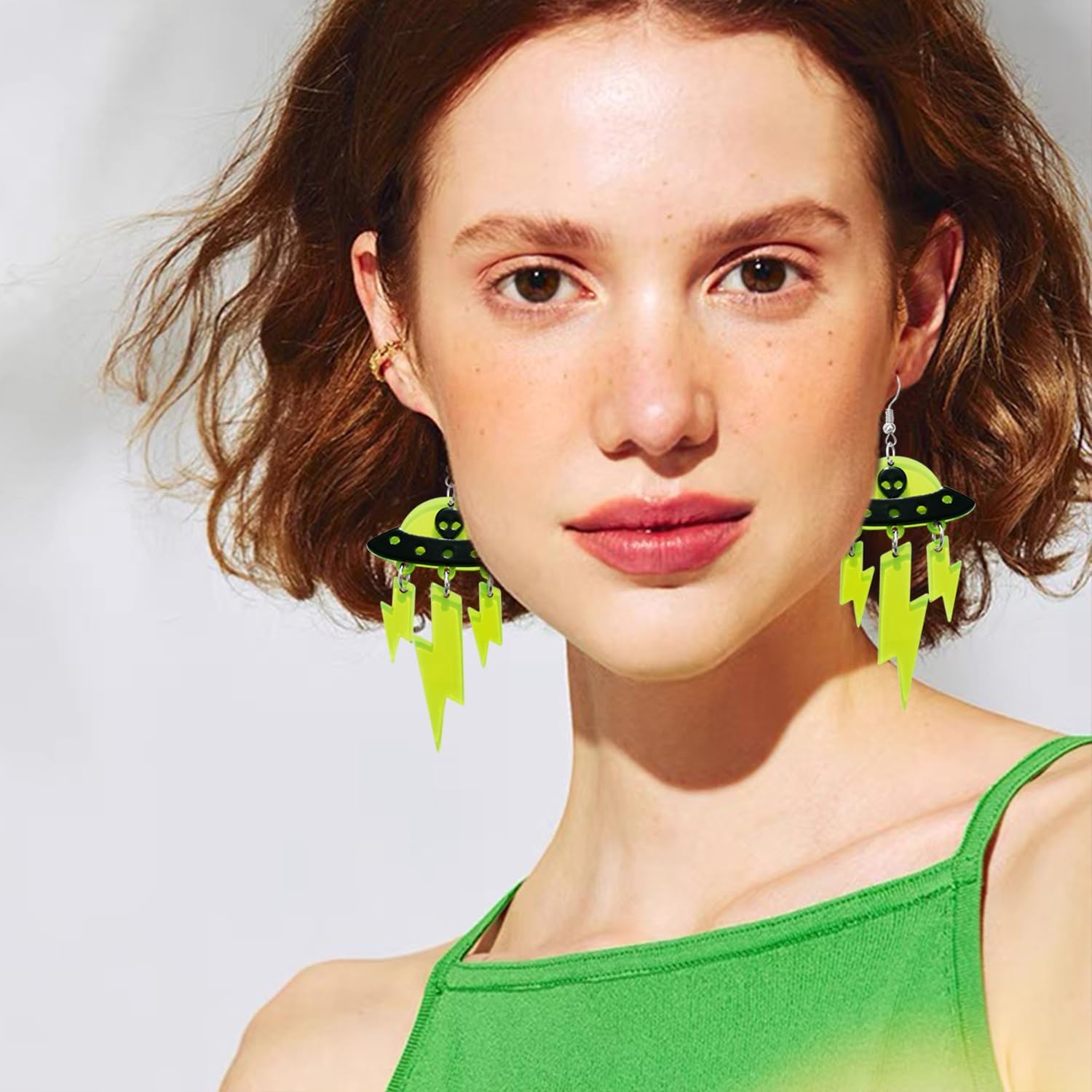 Novelty Spaceship Alien UFO Acrylic Lightning Lightweight Dangle Drop Earrings Geometry Halloween Universe Hook Earrings For Women Jewelry Gifts - Image 3