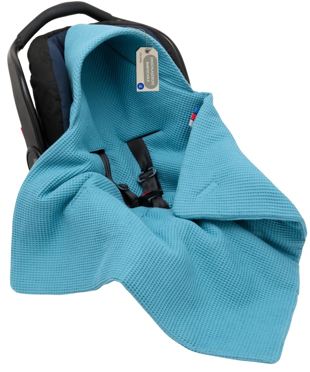 Einschlagdecke Babyschale aus Waffelstoff für Neugeborenen und Kleinkinder Herbst Winter Baumwolle Baby Decke Kuscheldecke Für Autositx Kinderwagen Buggys z.B. Maxi Cosi 3 Punkt Gurt (Aquamarin)