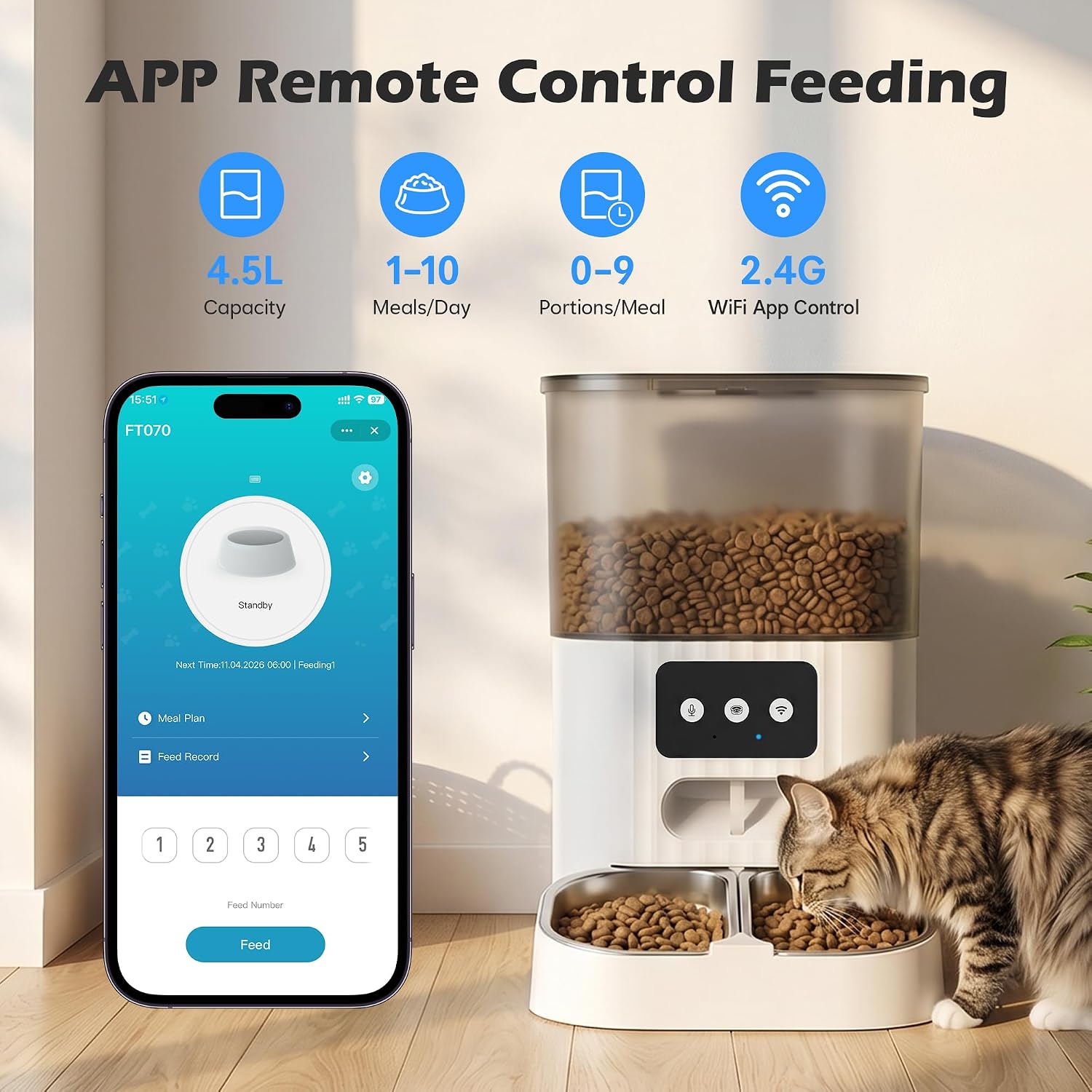Automatic Cat Feeder, WiFi Cat Food Dispenser with App Control, Smart Dry Pet Food Feeder, 1–10 Meals Per Day, Voice Recording & Stainless Steel Dual-Bowl for Small Pets Indoor(4.5L, White)