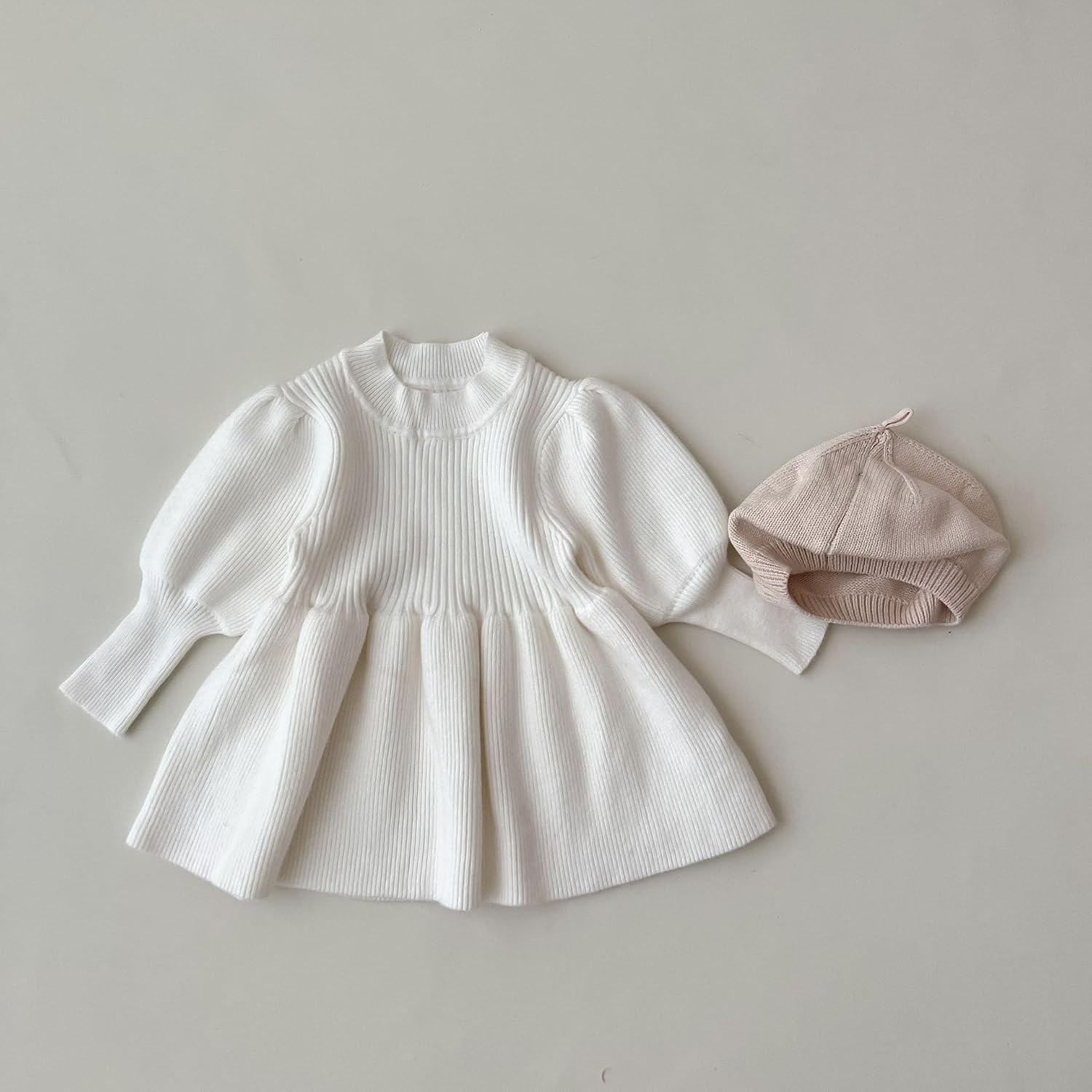 Toddler Girls' White Knit Dress - Long Sleeve Puff Sleeve Ribbed Sweater Dress