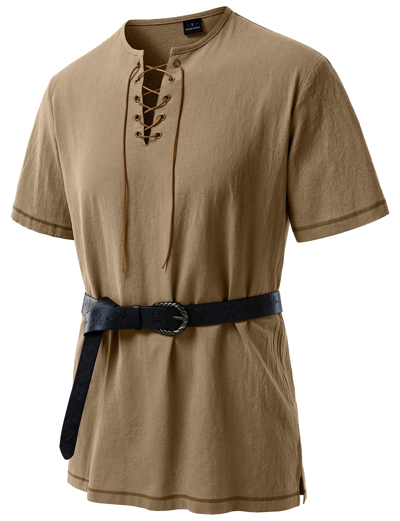JEMITOP Men's Renaissance Costume Retro Short Sleeves Lace Up Shirts Tunic for Pirate Viking Medieval Halloween Cosplay Without Belt Dark Khaki L โ image 1