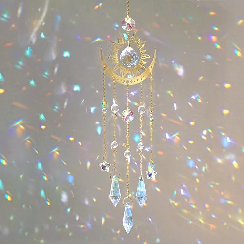 DEMIUKO Crystal Suncatcher, Suncatchers for Windows Hanging Sun and Moon SunCatchers with Crystals Rainbow Maker Outdoor Indoor Decor for Birthday Thanks Giving Christmas Home Garden (Sun and Moon)