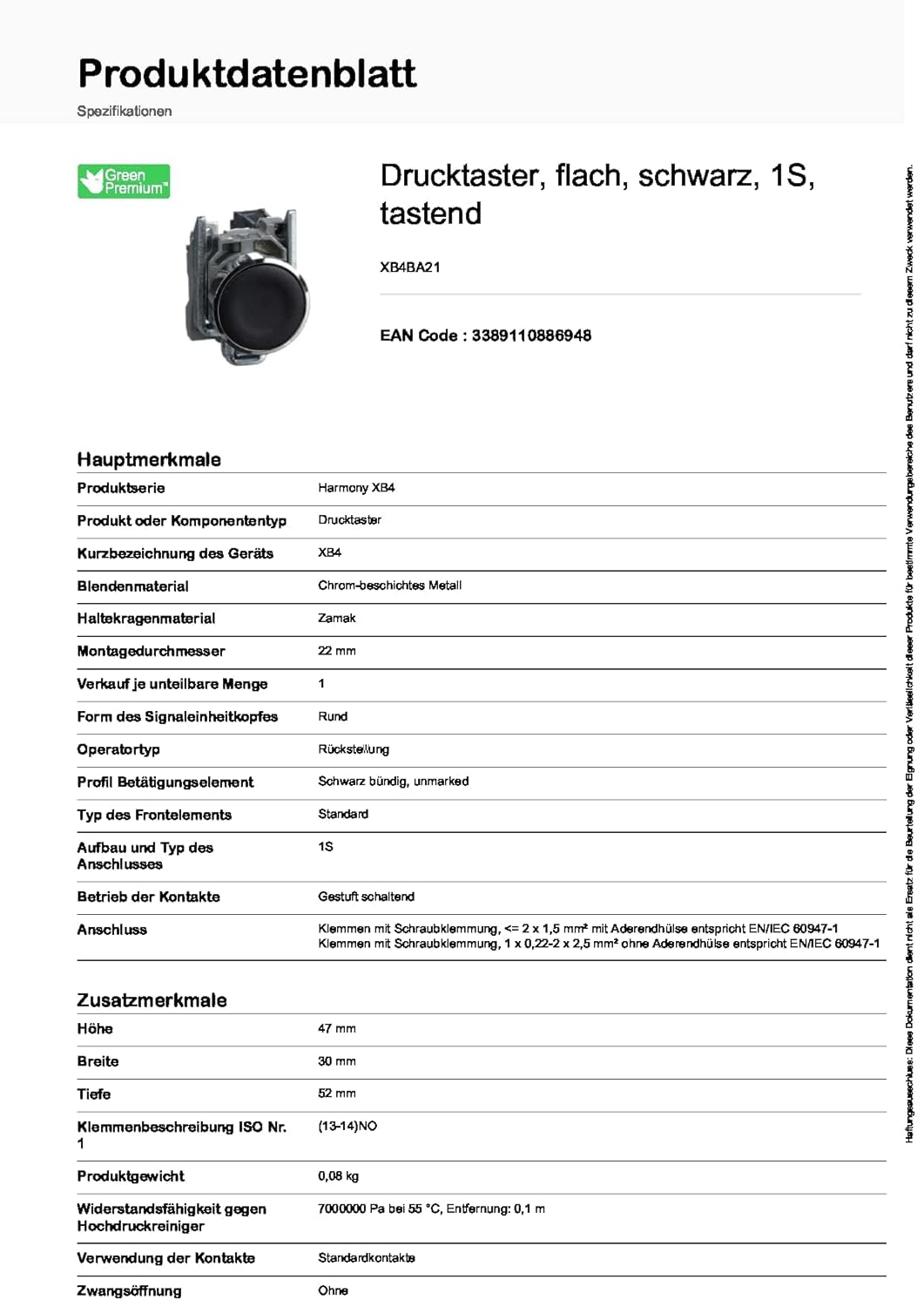 Schneider Electric XB4BA21 Push Button Switch for Industrial Machinery, Chromium Plated Metal Bezel, Fits 22mm Diameter Cutouts, Spring Return, 1NO, Black Flush
