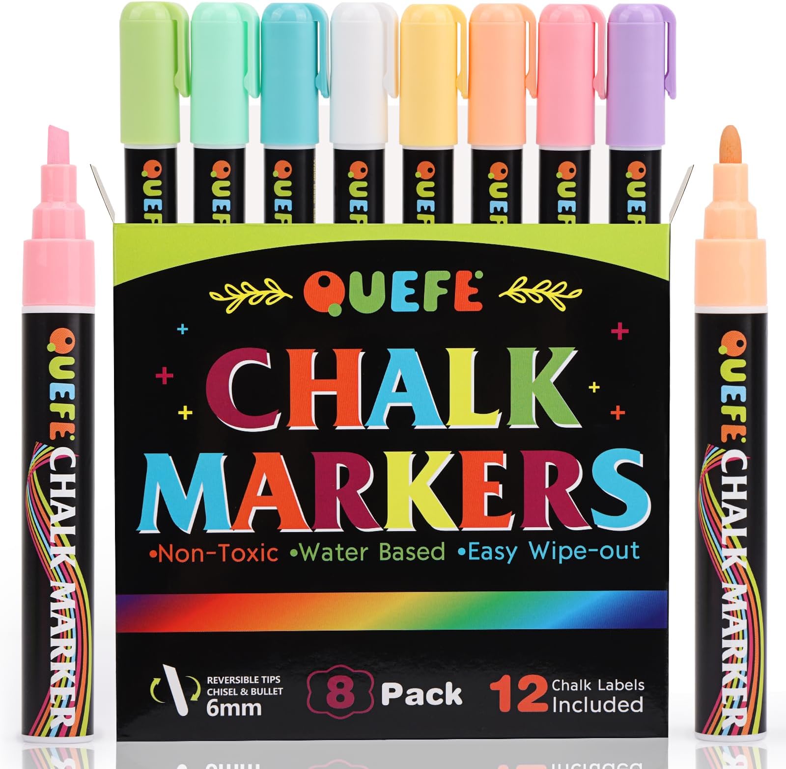 QUEFE Chalk Markers, 8pcs 6mm Liquid Chalk Markers Chalkboard Markers Dry Erase Marker Pens with Reversible Tips and Chalk Labels for Blackboard Glass Home Shops