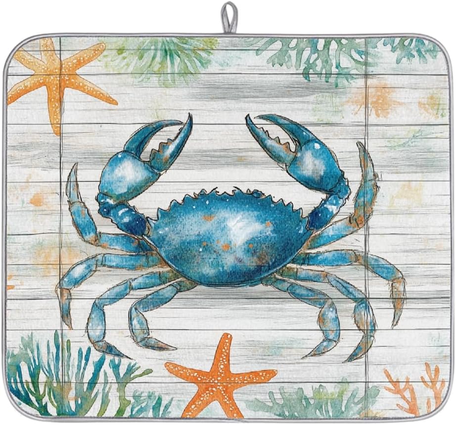 Dish Drying Mats for Kitchen Counter Ocean Blue Crab On Wooden Drainer Rack Mat Super Absorbent Washable Dishes Drying Pad,18x16inch