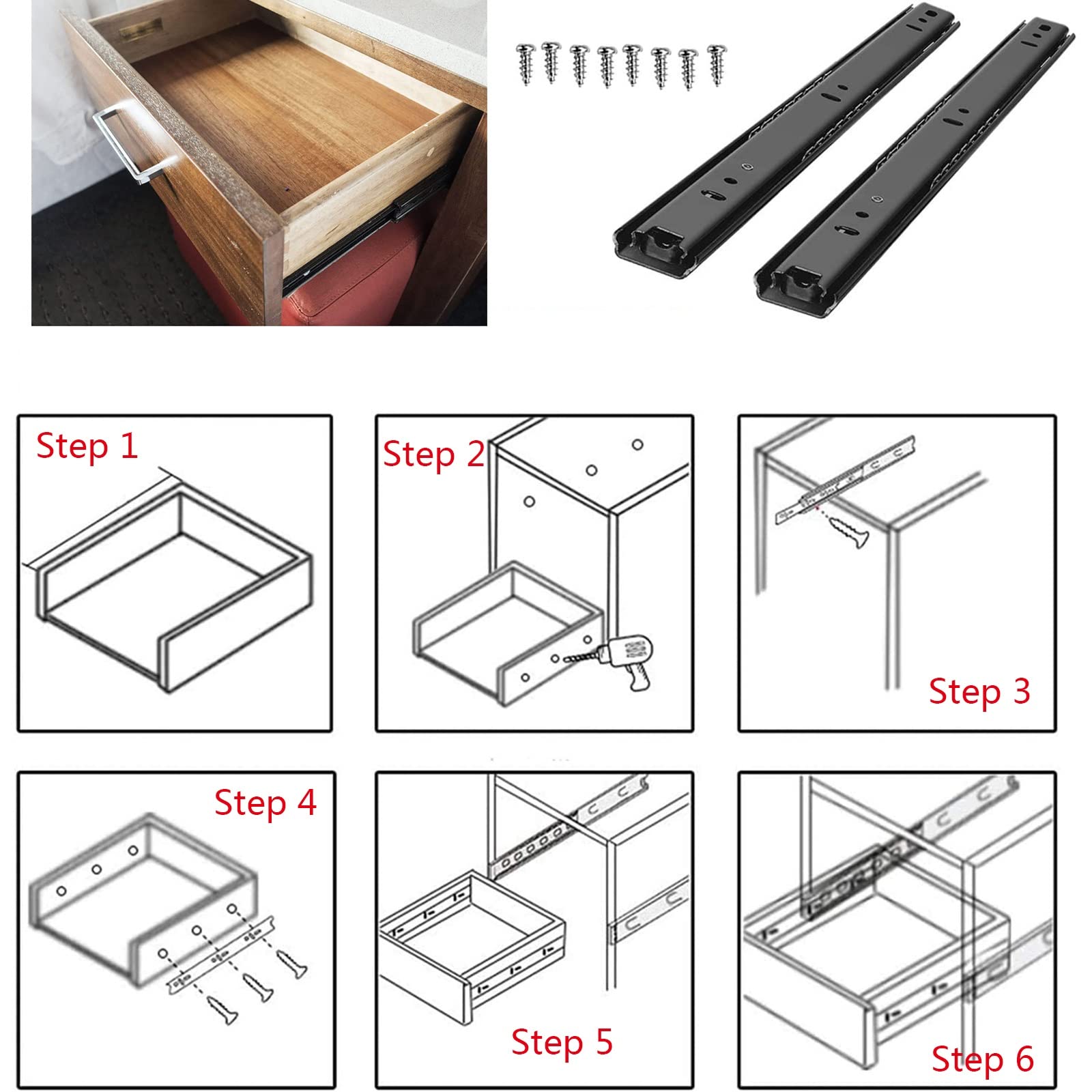 Cajón deslizante. 4 guías con rodamientos de bolas de 2 secciones de 10, 16 y 20 pulgadas, soporte resistente de 35 kg, montaje lateral for gabinete, cocina, teclado, guías for estantes (Color : Blac