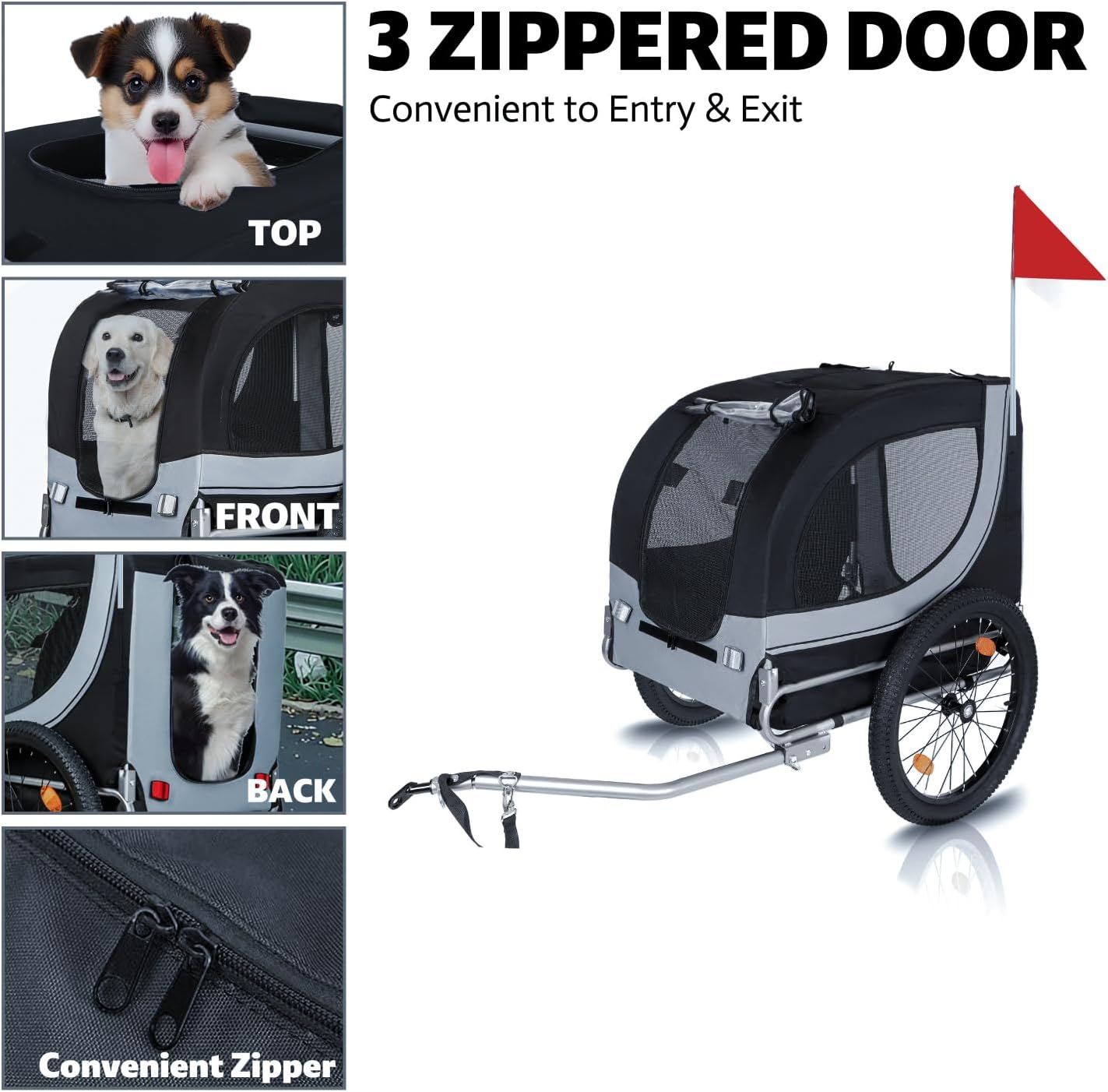 Large Folding Bike Trailer for Dogs Steel Black/Grey All-Terrain Pet Carrier for Cycling, Jogging, Camping Weather-Resistant 100Lb Capacity