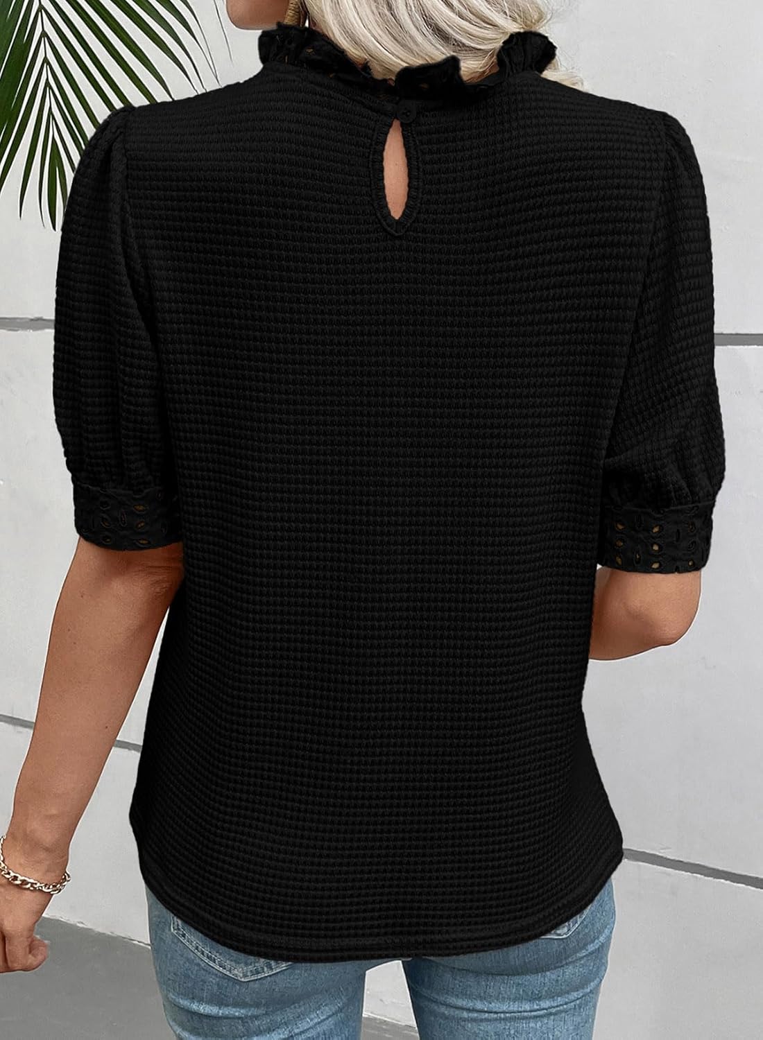 EVALESS Womens Tops Blouses for Women Dressy Casual Waffle Frill Trim Eyelet Embroidery Mock Neck Puff Sleeves Shirts - Image 8