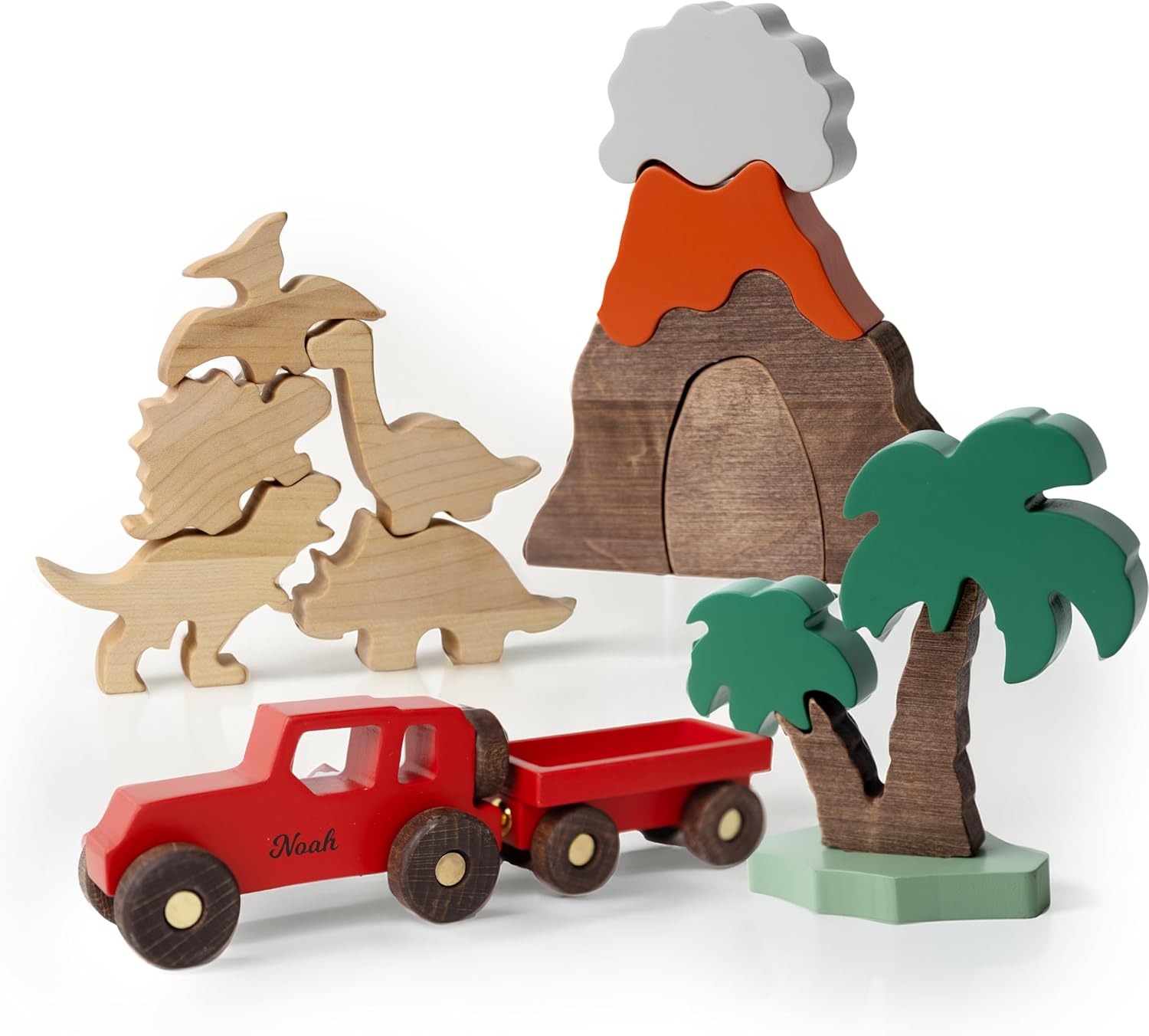 Personalized Colored Wooden Car Play Set with Dinosaur Theme – Custom Toddler Sensory Toys, Unique Birthday and Baptism Gifts for Boys, Nursery Room Decor, Baby Shower Gifts