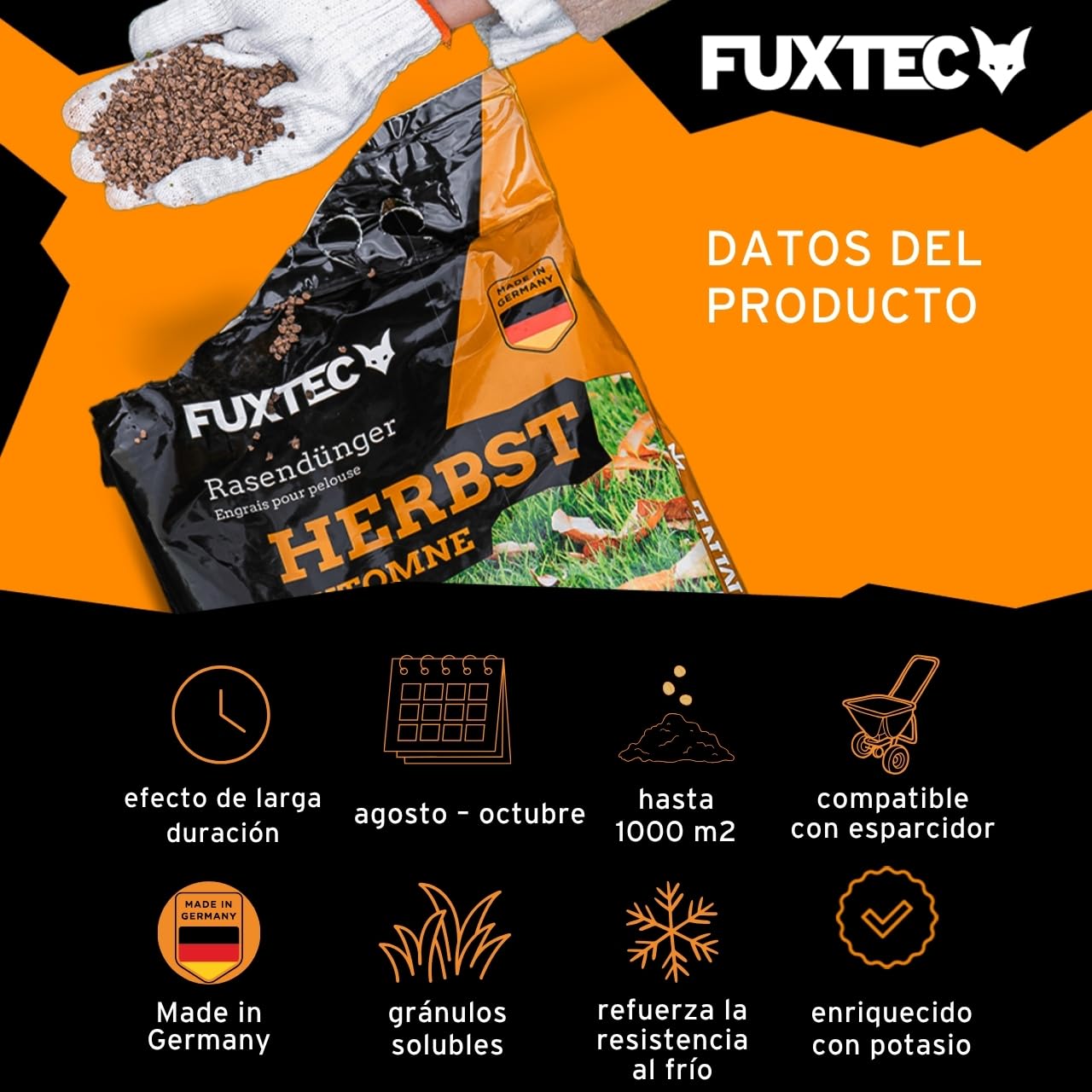 FUXTEC Abono césped alto en potasio FX-RDH20 • 20 kg hasta 500 m² • Ideal para otoño e invierno • Refuerza contra heladas • Liberación controlada • Fabricado en Alemania