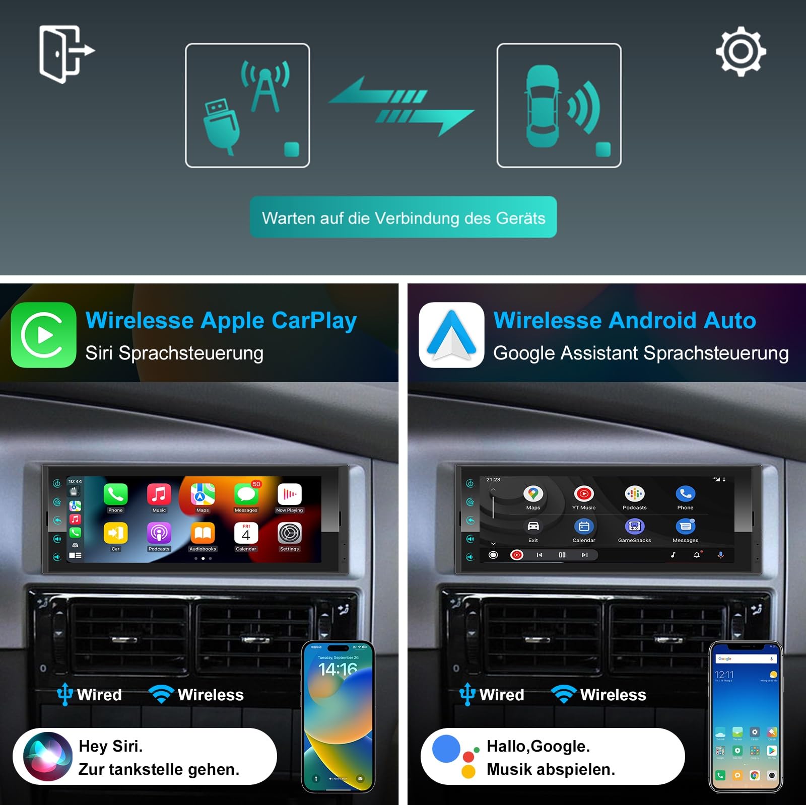 Android Autoradio 1Din mit Bildschirm,Wireless CarPlay & Android Auto Radio Touch Display mit Bluetooth Navi WiFi,FM/AM/RDS Radio