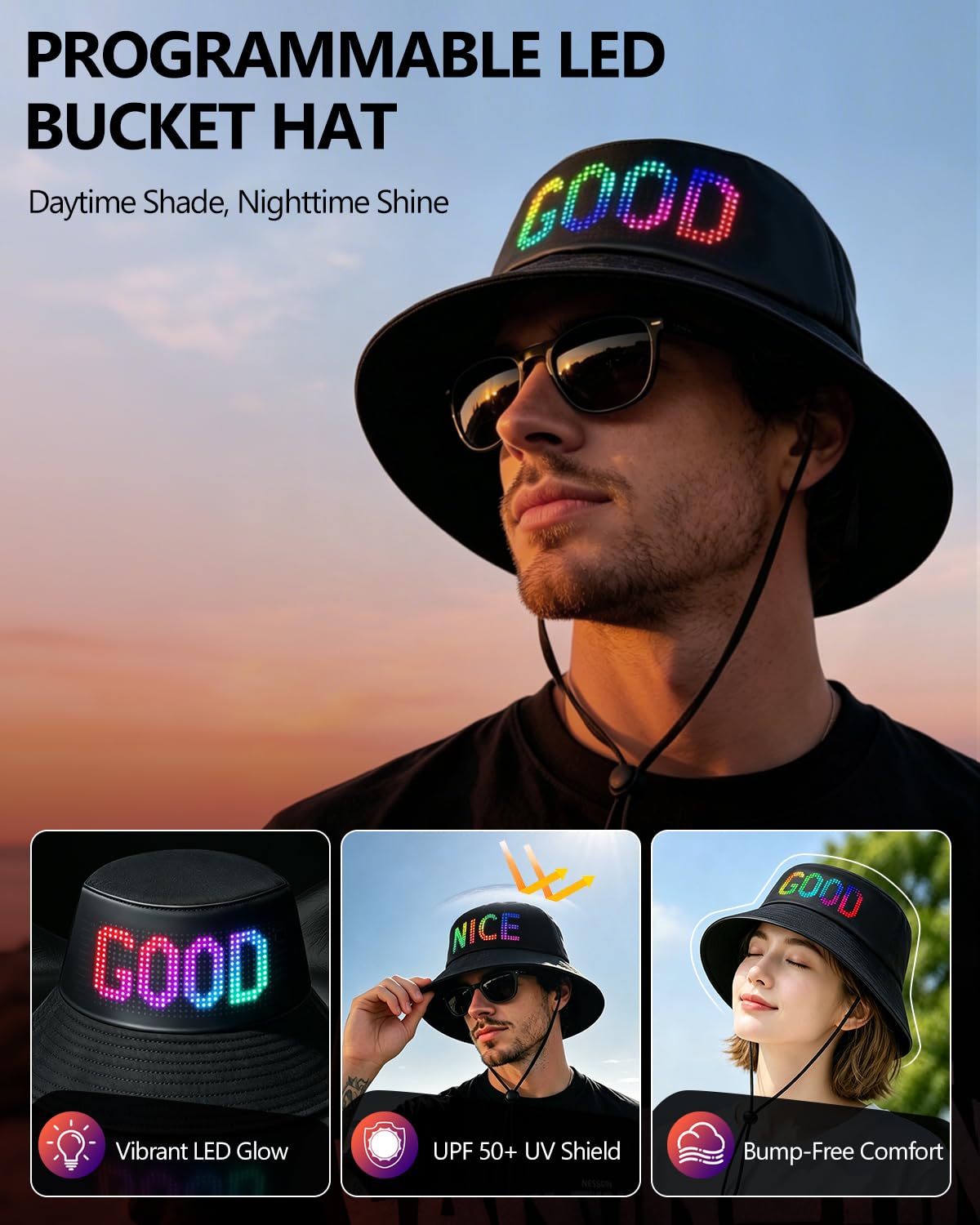 Chapeau de pêcheur LED programmable - Contrôle par application Bluetooth - Avec affichage pour vos propres textes - Pour festival, fête, course à pied, rechargeable par USB