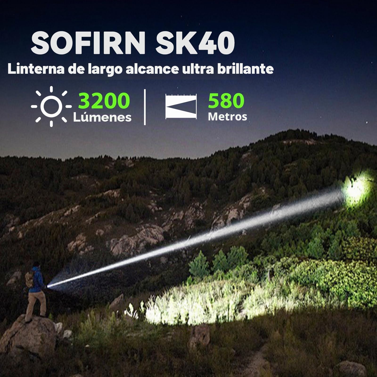 Sofirn SK40 Linterna de Rango de 580 M, Linterna Táctica Recargable de 3200 LM Con Botones Duales, 6000 K, Puerto de Carga Tipo C Y Clasificación de Impermeabilidad IPX8, Perfecta Para Uso Táctico,