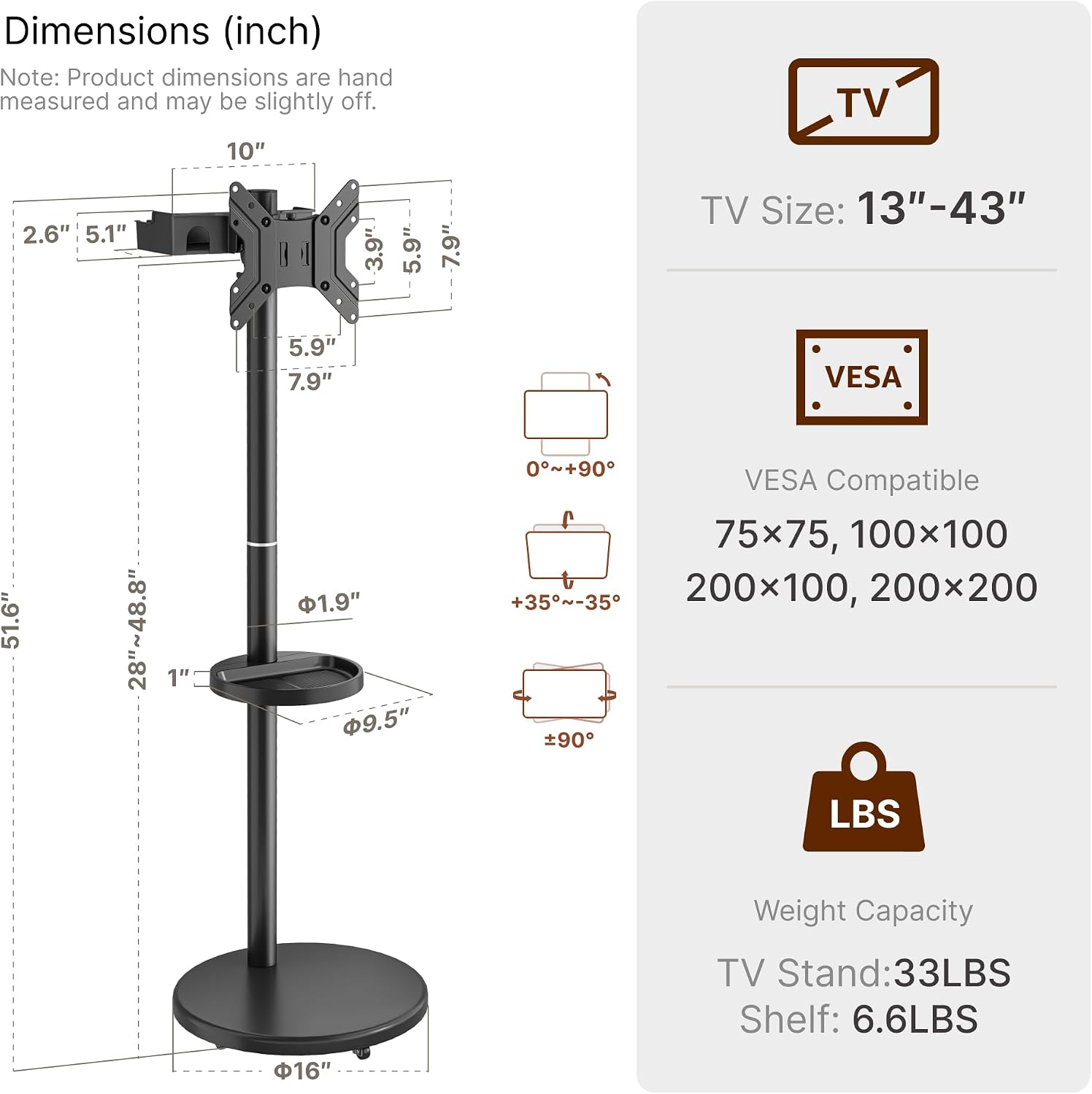 Height Adjustable Rolling TV Stand for 13-43 Inch TV up to 33 Pounds, Portrait to Landscape, Mobile TV Cart with Adjustable Storage Box and Shelf Max VESA 200x200mm