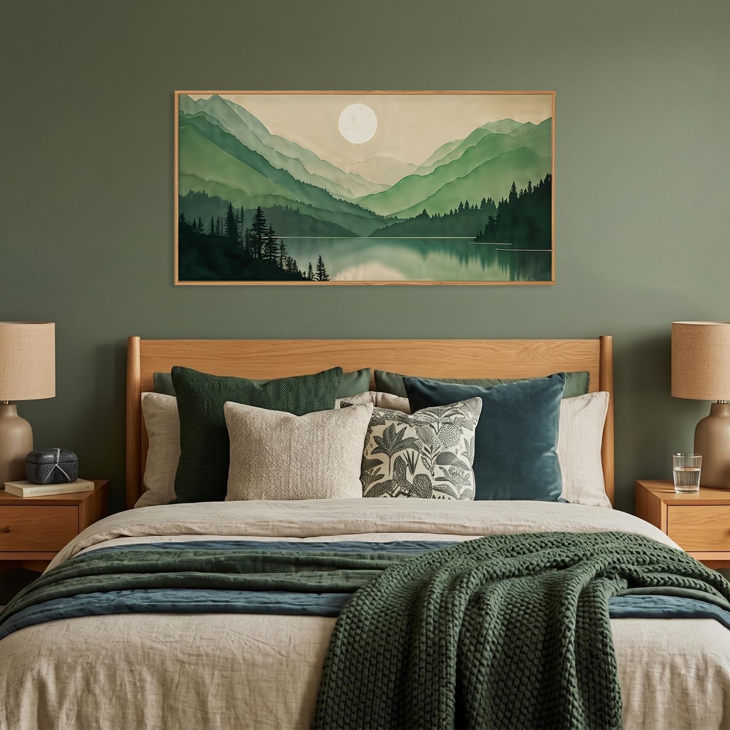 Green Boho Mountain Lake Framed Canvas Wall Art Set-40"x20"x1 image 4