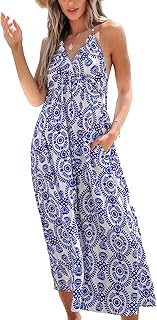 CUPSHE Women's Summer Dress, V Neck, Sleeveless, Halterneck, Long Casual Dresses, Beach Smocked Maxi Dress