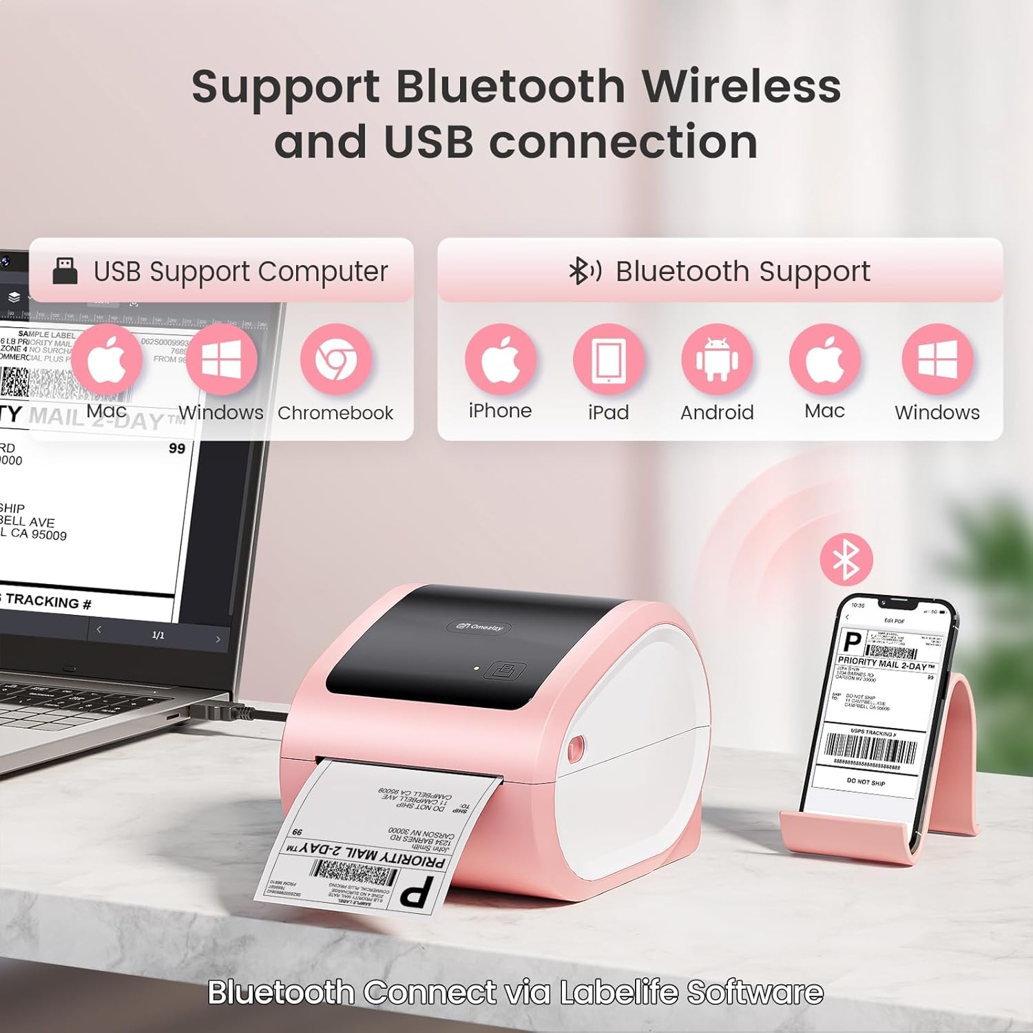 D520BT Bluetooth Shipping Label Printer with 1 Roll 4x6 Thermal Labels 100pcs