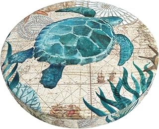 Vintage Ocean Turtle Starfish World Map Bar Stool Slipcover Round, Soft Bar Stool Seat Cover Cushion 14 Inch