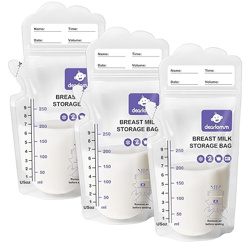dearlomum Bolsas de almacenamiento de leche materna sin BPA, 120 unidades, 9 onzas, autoportantes con boquilla de vertido, perfil plano que ahorra