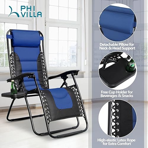Miniatura 3 de PHI VILLA Zero Gravity - Silla acolchada 2 unidades sillón reclinable de patio con soporte para tazas azul