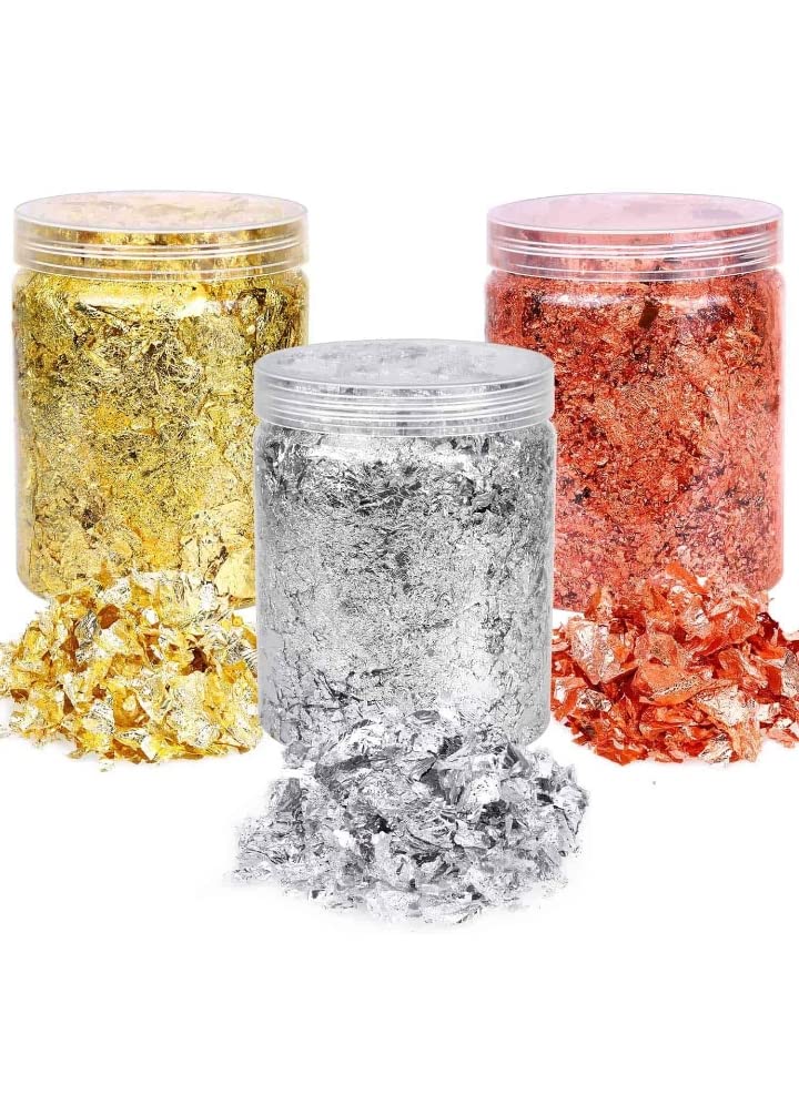 Gold Leaf COMPANYGold Leaf Flakes for Cakes Decorations Pitch VIY Painting ,Arts N Craft Nails Canvas Painting DIYS Slime ECT 3 Bottle (Gold, Silver, Rose Gold) 5 gm Each Bottle.