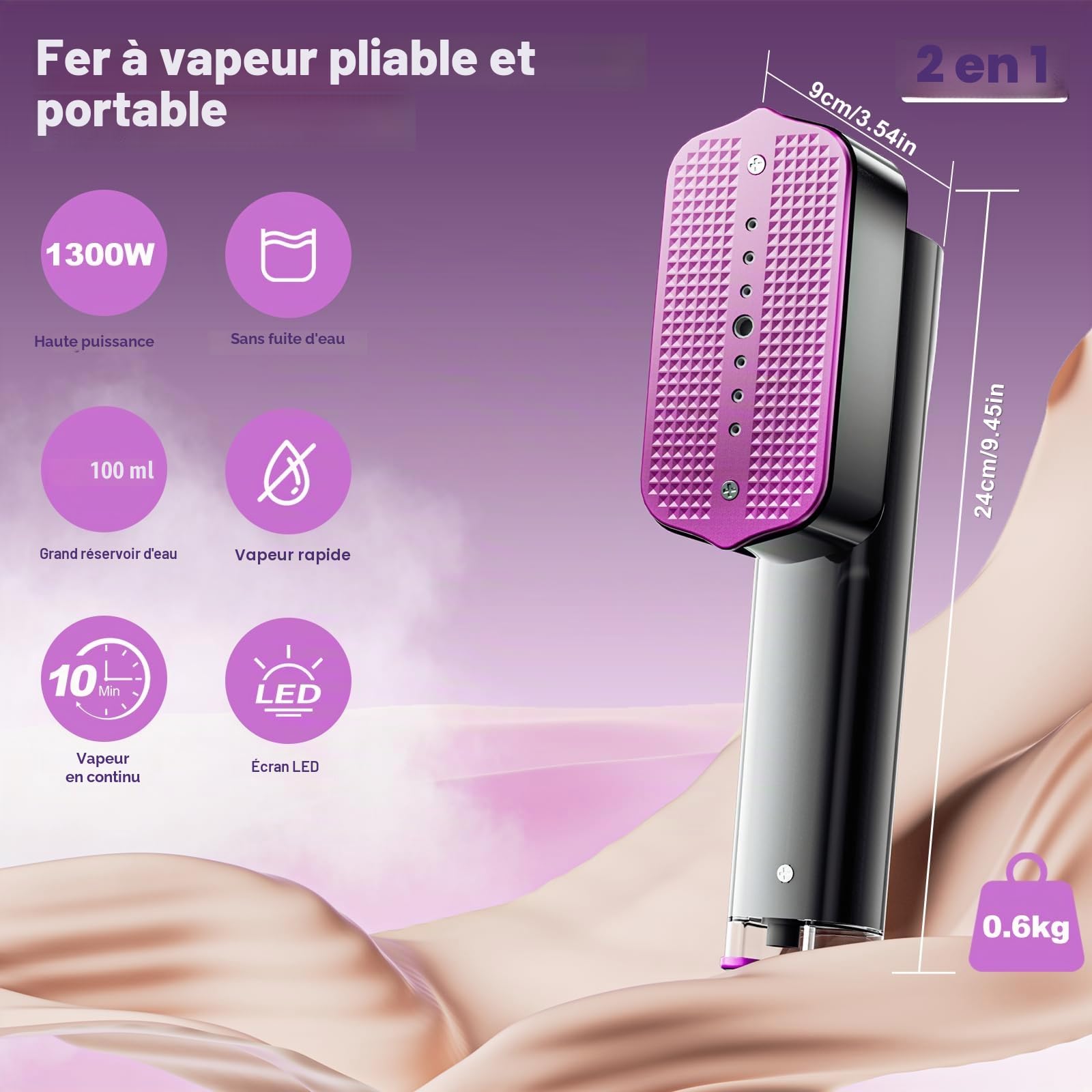 Défroisseur Vapeur, 2 en 1 Fer à Repasser Vertical, 1300W Défroisseur Vapeur de Voyage, 10 Minutes de Vapeur Continue, Defroisseur Vapeur Vertical pour les Voyages et la Maison