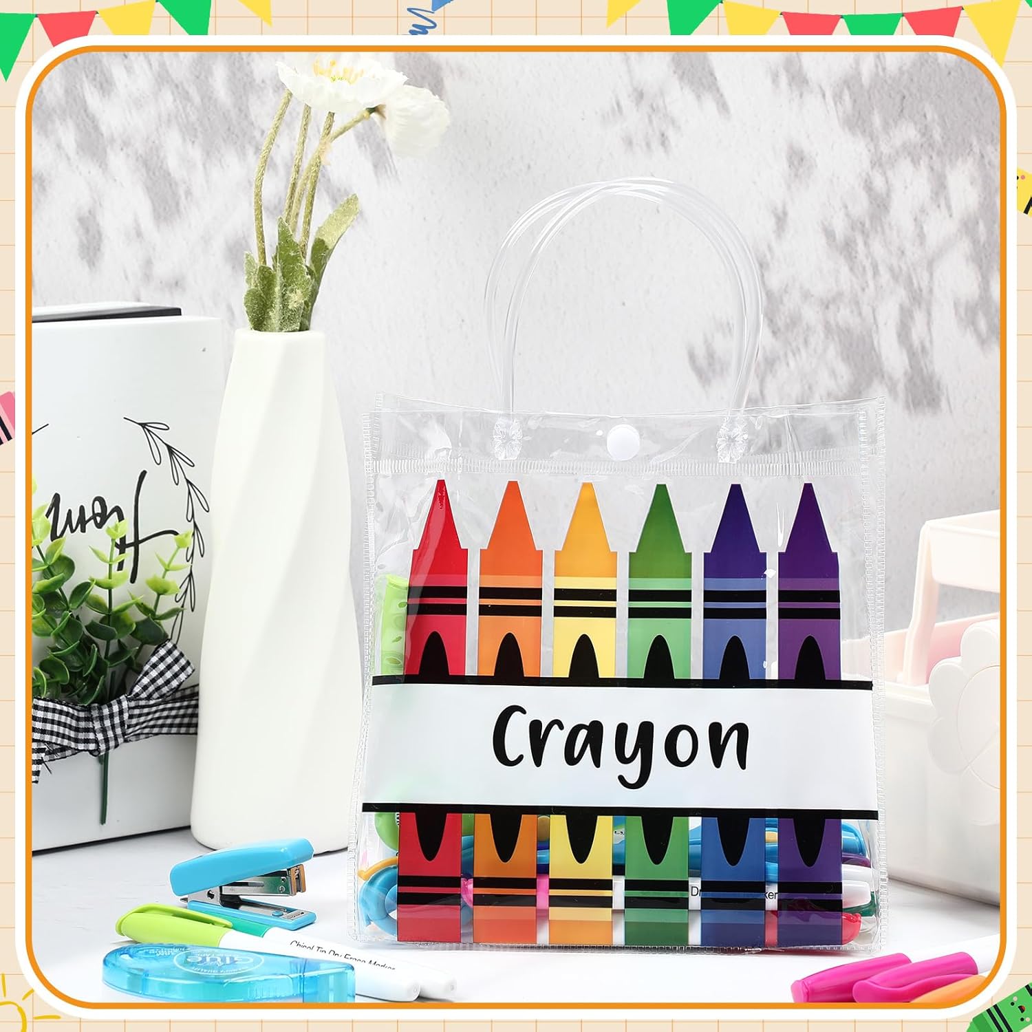 Supervitae 36 Pcs Graduation Crayon Gift Bags Bulk with Handle Plastic Clear Goodies Treats Totes for End of Year Party Favor Teacher Student Classroom School Supplies, 8 x 8 x 3.15 Inch
