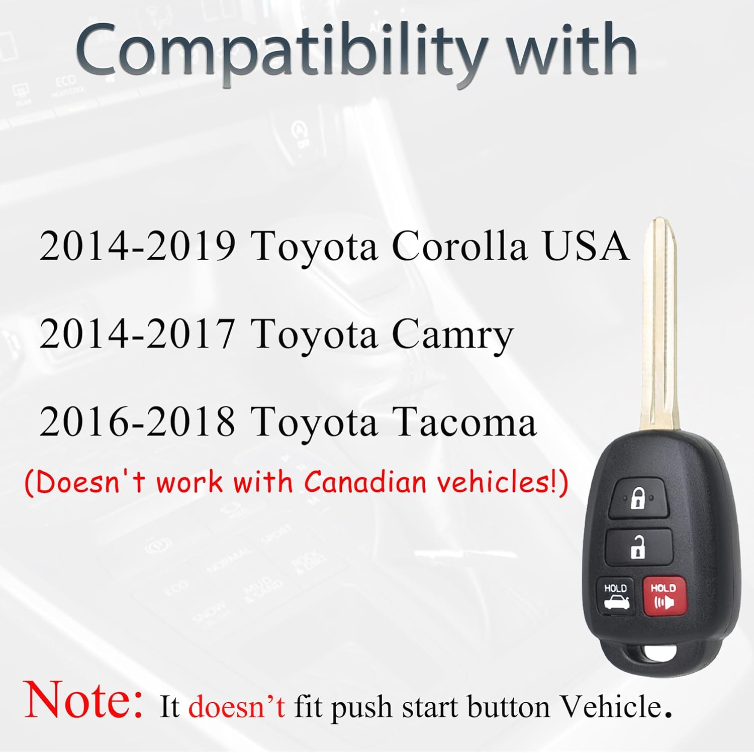 SUPALAND Key Fob Replacement fits for 2014-2017 Toyota Camry / 2014-2019 Corolla / 2016-2018 Tacoma Car Keyless Entry Remote Control Key with H Chip, HYQ12BDM HYQ12BEL, 4 Buttons (Set of 2)