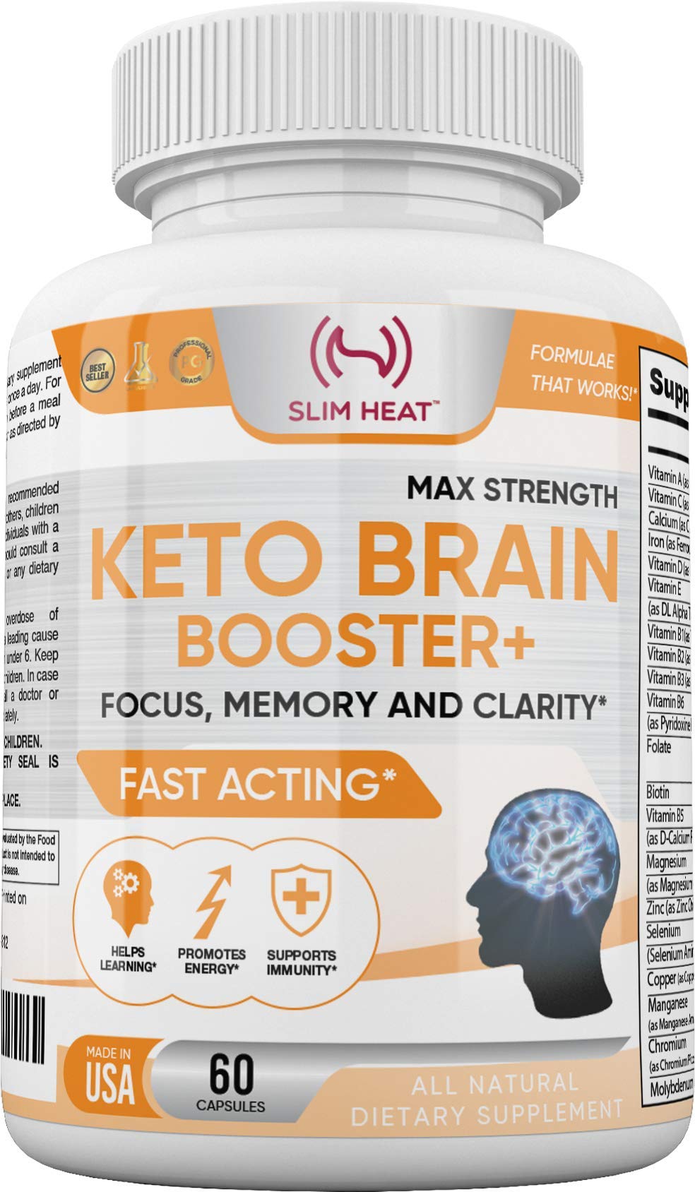 Keto Brain Booster - Brain Supplement - Focus, Concentration, Memory Neuro Supplement for Women & Men - Supports Learning, Energy, Immunity - All Natural, Non GMO, Made in USA - 60 Capsules