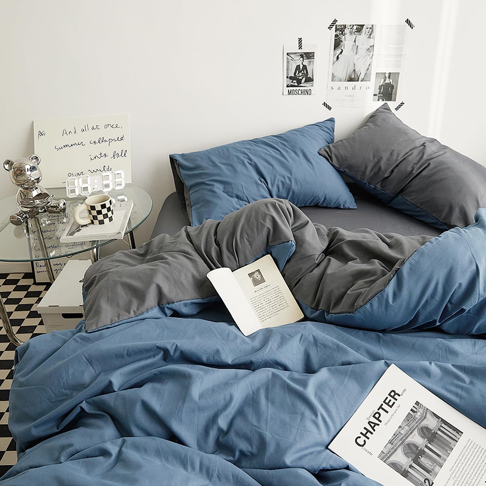 Duvet Cover Set Queen Size 4 Pcs, Include 1 Quilt Cover 200 x 230cm & 2 Pillow Cases 48 x 74cm & 1 Bedsheet 235 x 250cm, Super Soft Washed Cotton Bedding Set, Excluding Cotton - Blue Gray