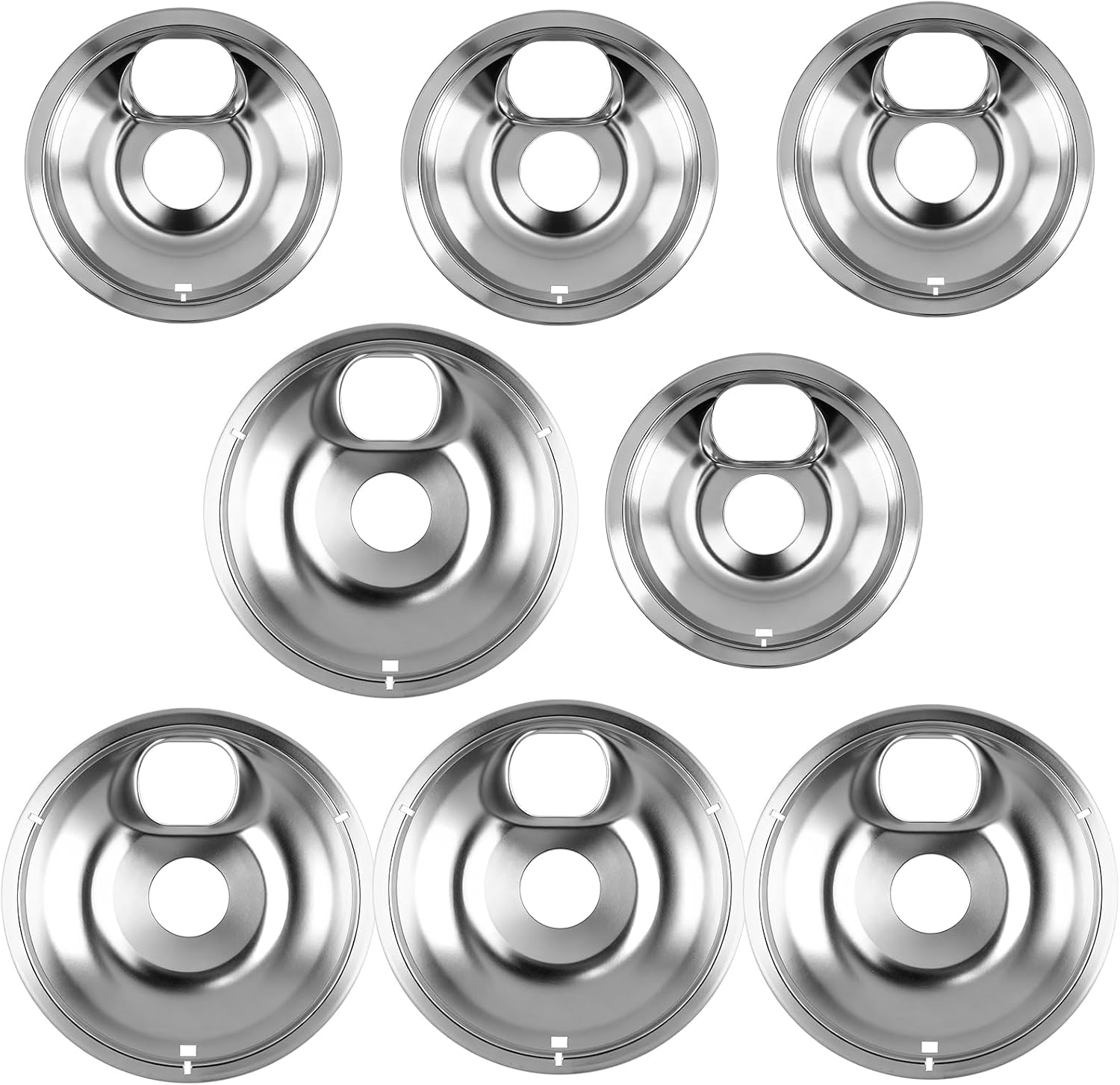 8PCS Electric Stove Drip Pans, Chrome Stove Burner Drip Pan for Whirlpool Amana Maytag Magic-Chef Kenmore Electric Range with Locking Slot, Includes Silver 4PCS 6Inch and 4PCS 8Inch Drip Bowls