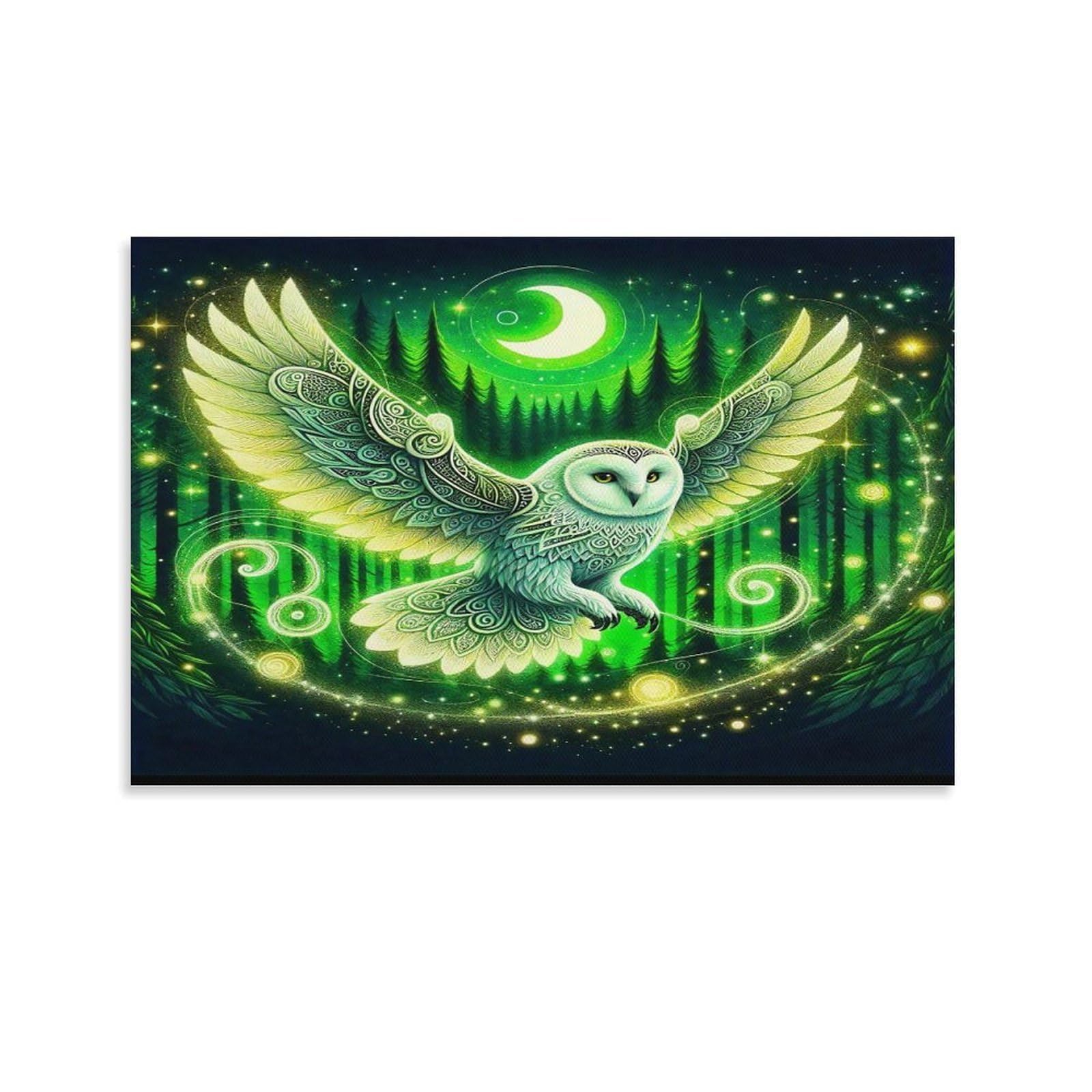 CPLVKWRQJ Snowy Owl Perched on Branch with Lanterns 1 Piece Green Magic Owl Spread Wings Forest Night Wall Art Pieces - Nursery Canvas Wall Hanging Space Saving Ready to Hang Decor 24x36inch(60x90cm)