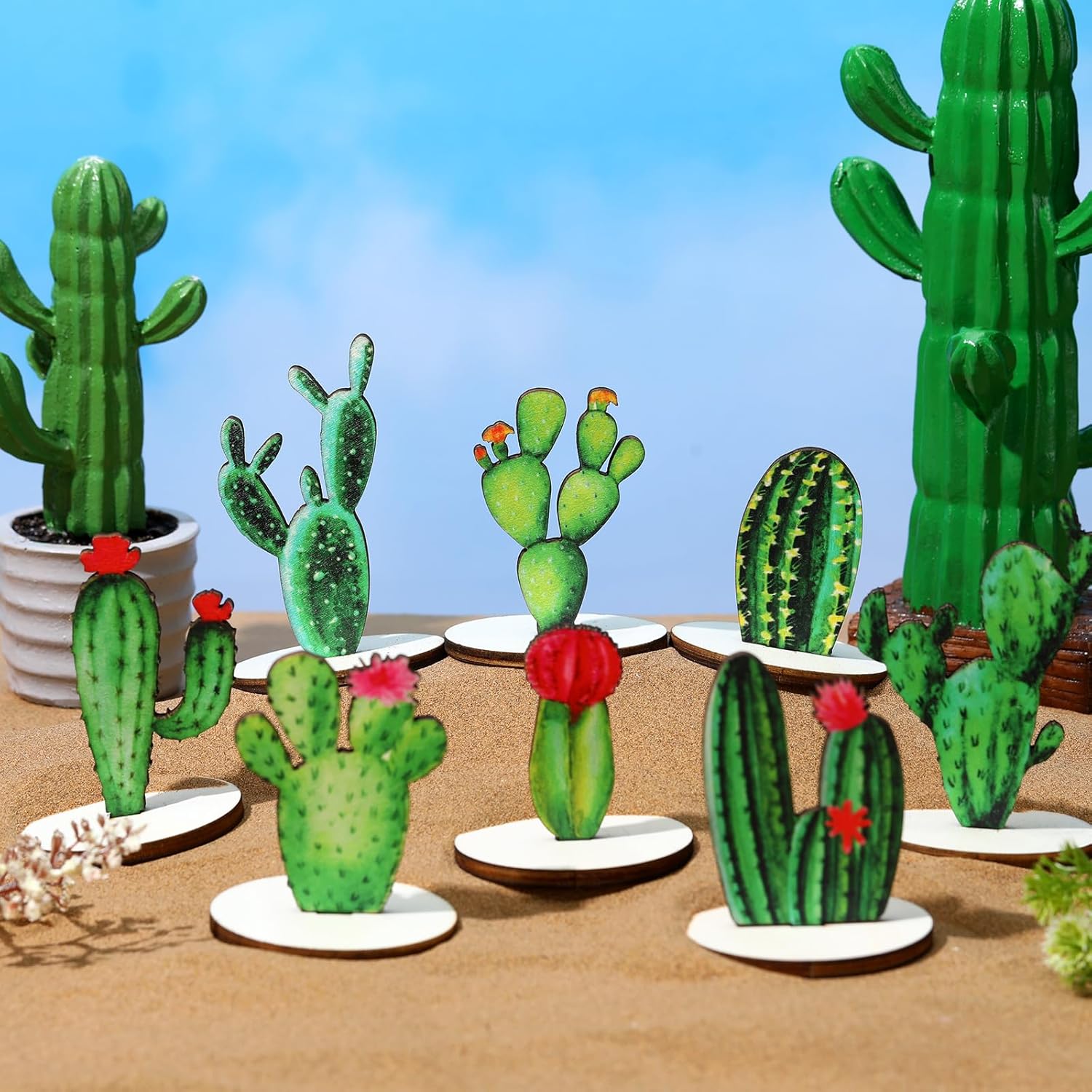 Thyle 16 Pcs Wooden Cactus Party Decorations Cactus Wood Sign Centerpieces Tables Topper Decor for Baby Shower Birthday Classroom Supplies