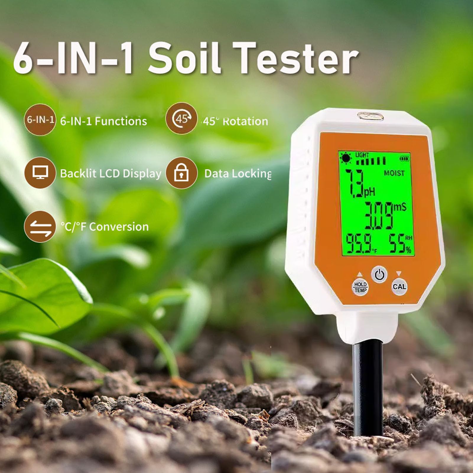 6 en 1 Medidor de Humedad del Suelo, Medidor de PH Digital/temperatura de la Planta/intensidad de Luz Solar, Pantalla LCD Retroiluminada, para Jardín, Césped, Plantas