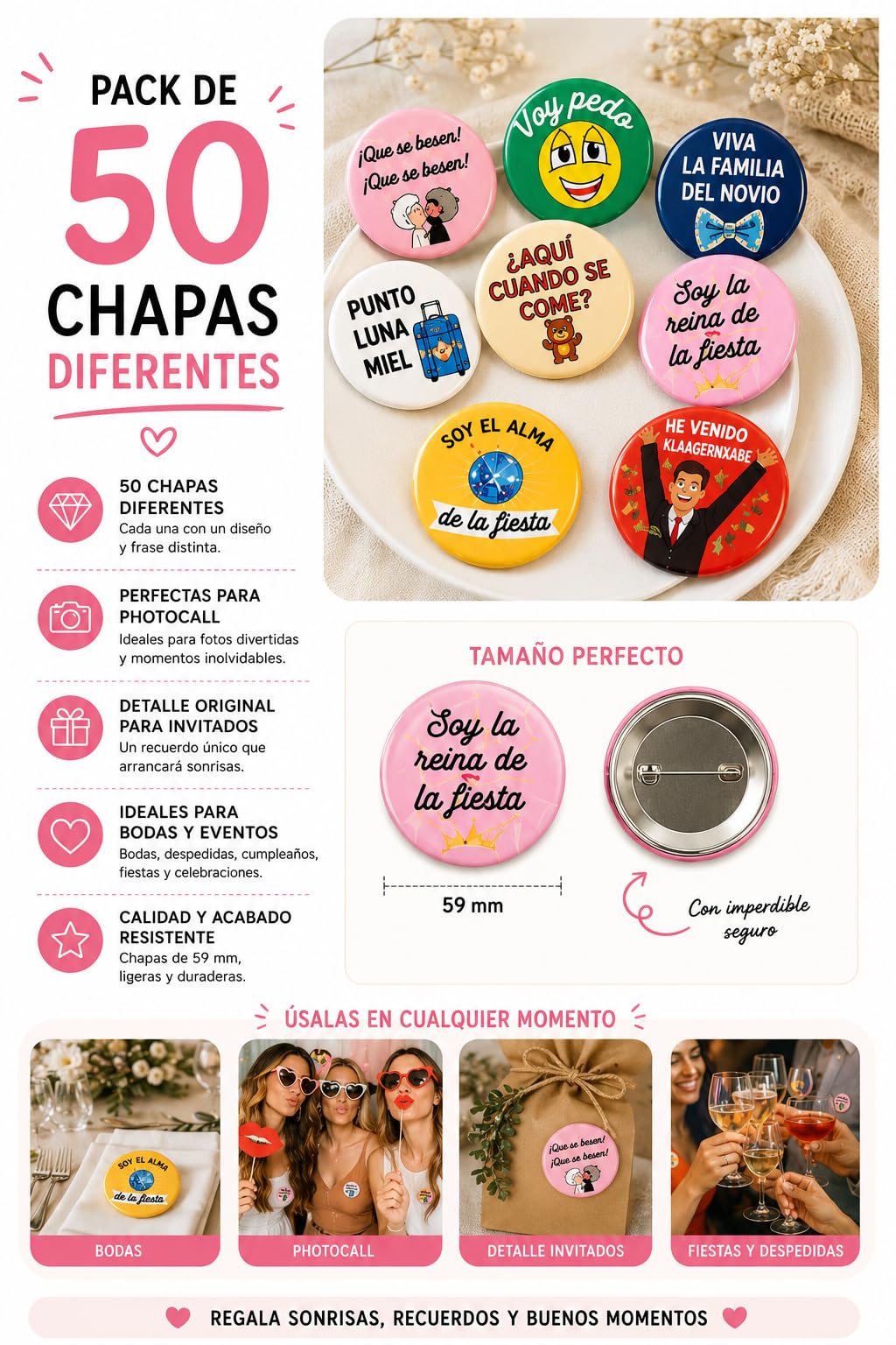 Soul Pack 50 Chapas Divertidas para Boda | Chapas con Frases Originales para Invitados | Detalle para Bodas, Photocall, Despedidas y Fiesta | 59 mm