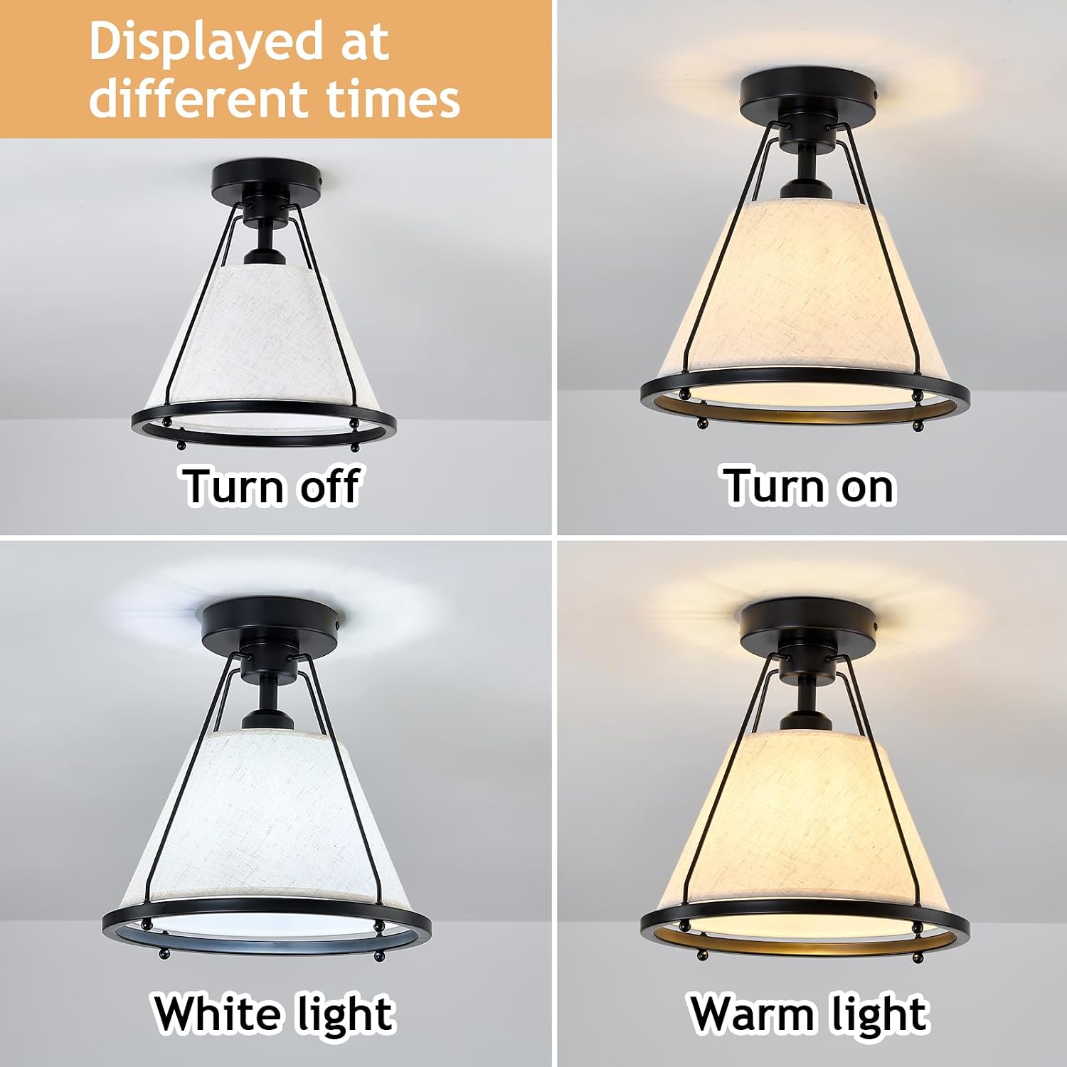Black Semi Flush Mount Ceiling Light Fixture 11 Inch Farmhouse Close to Ceiling Light with Fabric Shade E26 Base 60W Max, Modern Ceiling Lamp for Bedroom Kitchen Hallway Entryway
